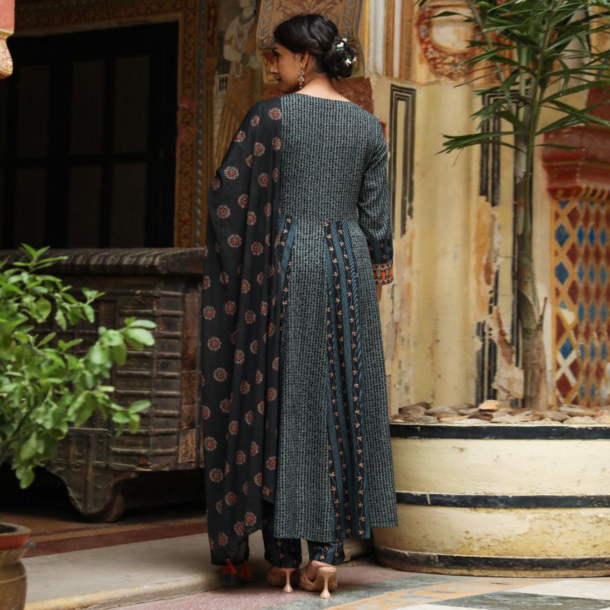 Black Printed With Embroidered Rayon Anarkali Suit