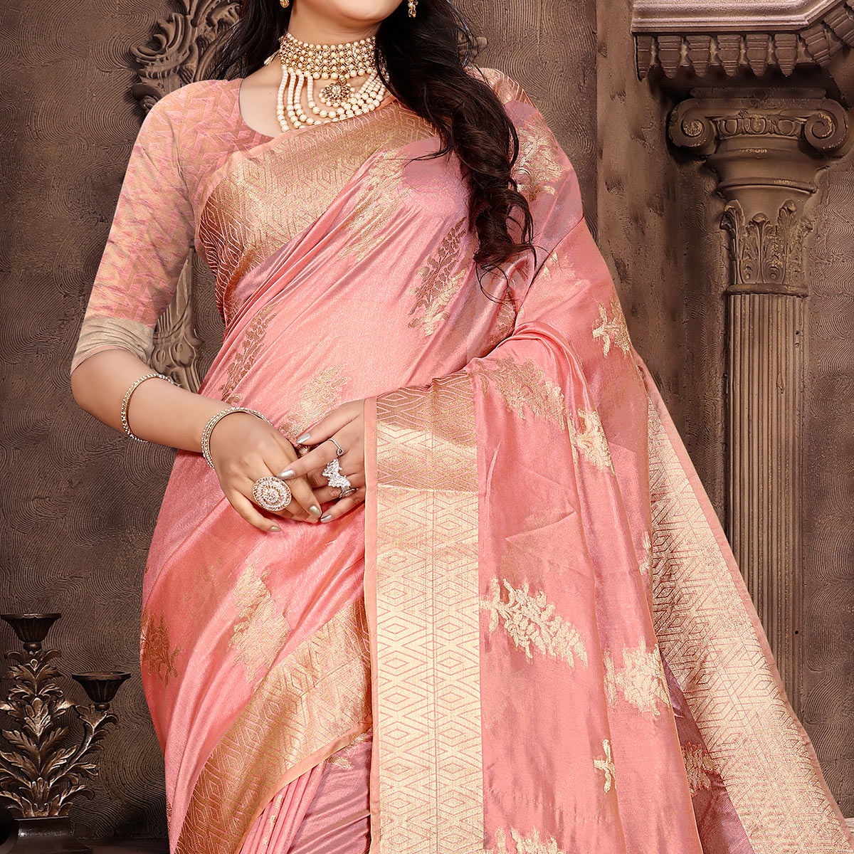 Pink Floral Woven Organza Saree