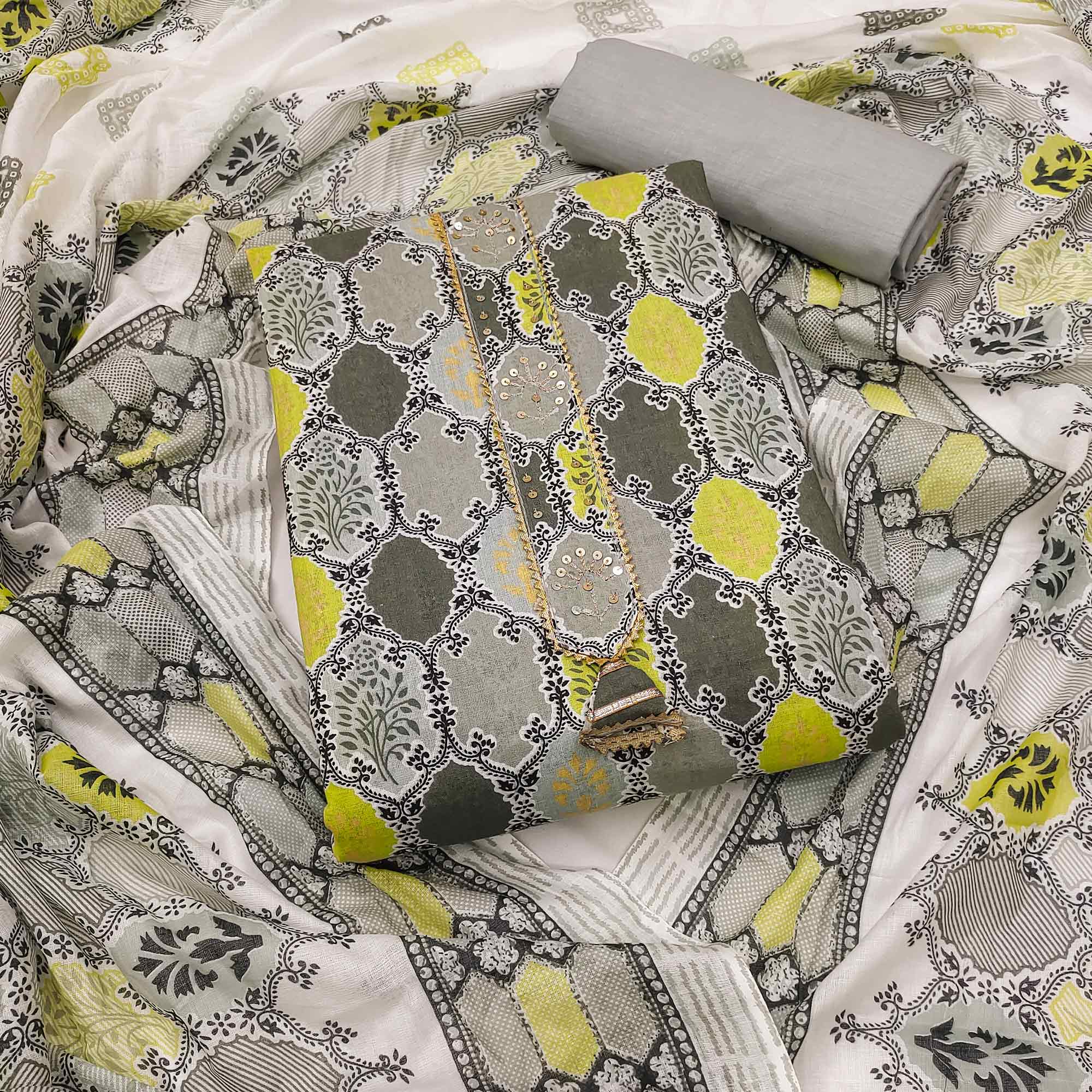 Grey Printed Pure Cotton Dress Material
