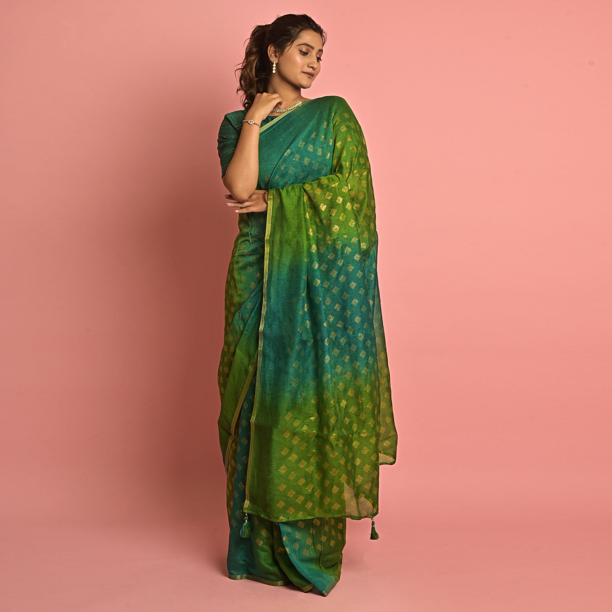 Green & Teal Foil Printed Cotton Blend Saree