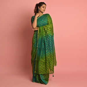 Green & Teal Foil Printed Cotton Blend Saree