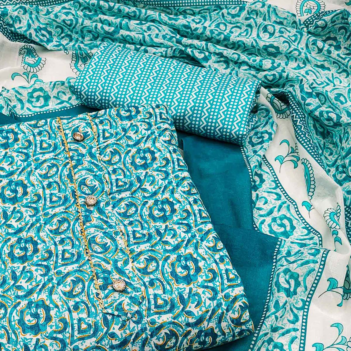 Turquoise Floral Printed Cotton Dress Material