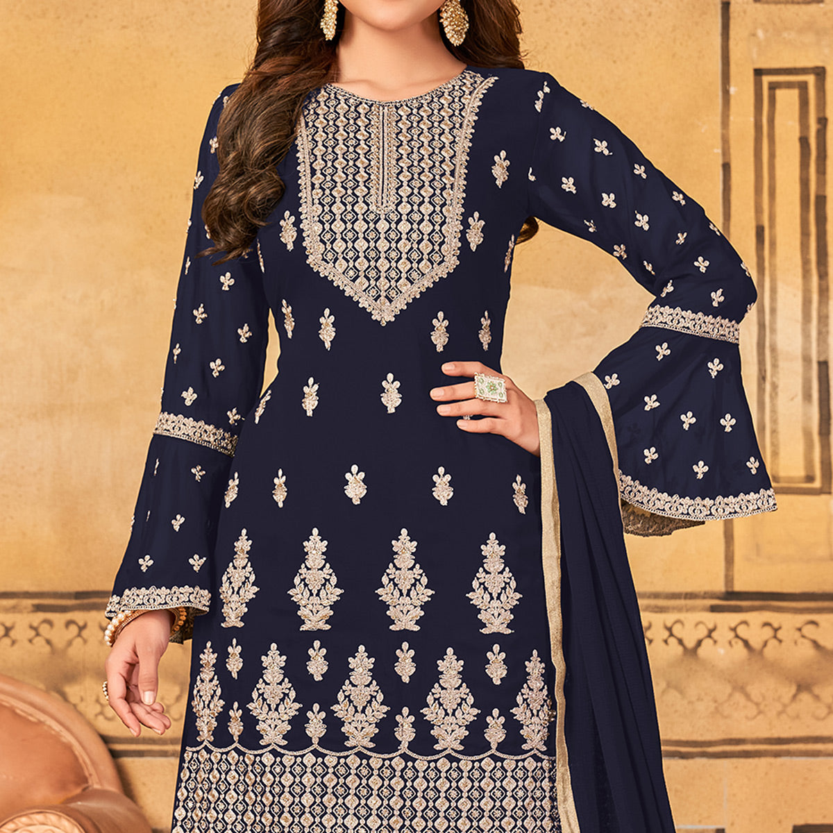 Navy Blue Floral Embroidered Georgette Palazzo Suit