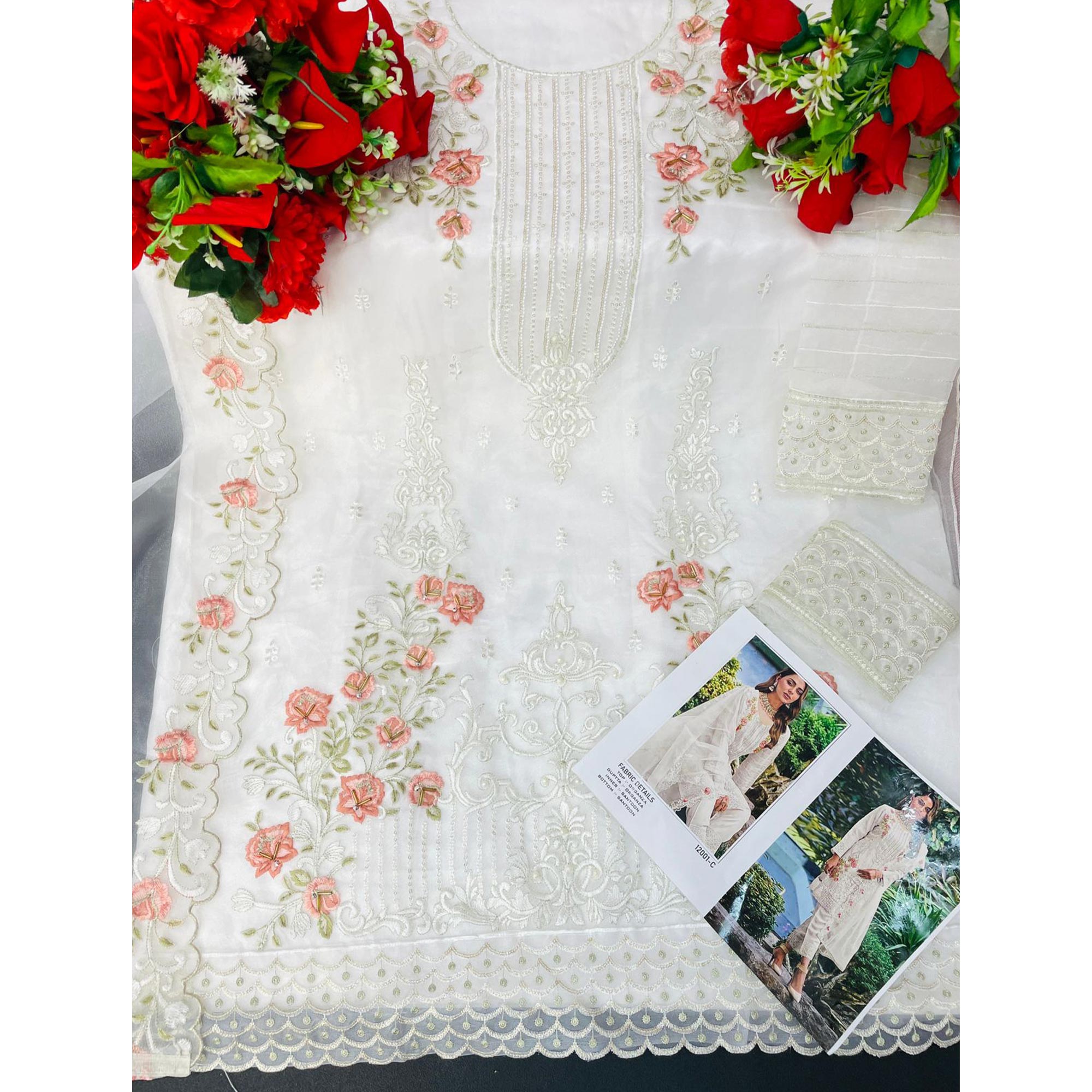 White Floral Embroidered Organza Pakistani Suit