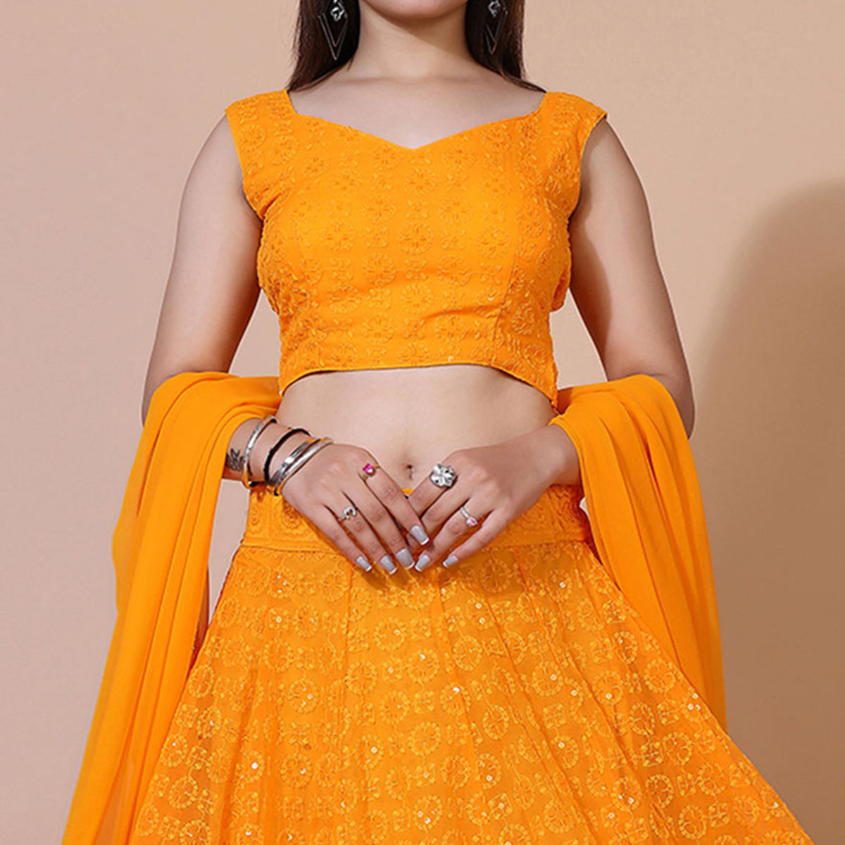 Orange Lucknowi Chikankari Work Georgette Lehenga Choli