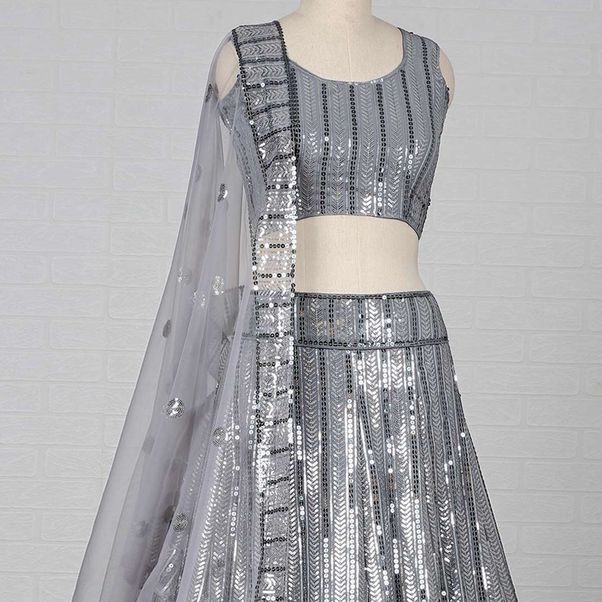 Grey Sequins Embroidered Georgette Lehenga Choli