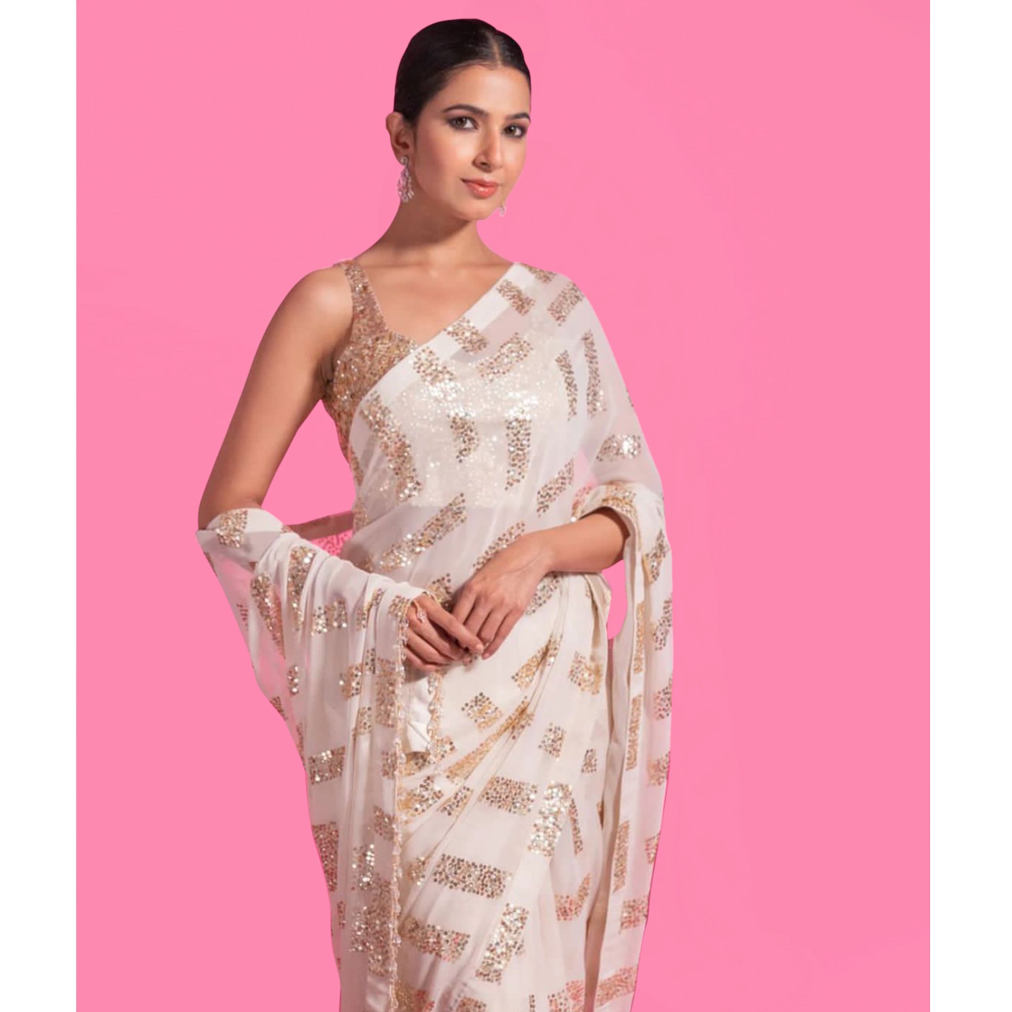 White Sequins Embroidered Georgette Saree