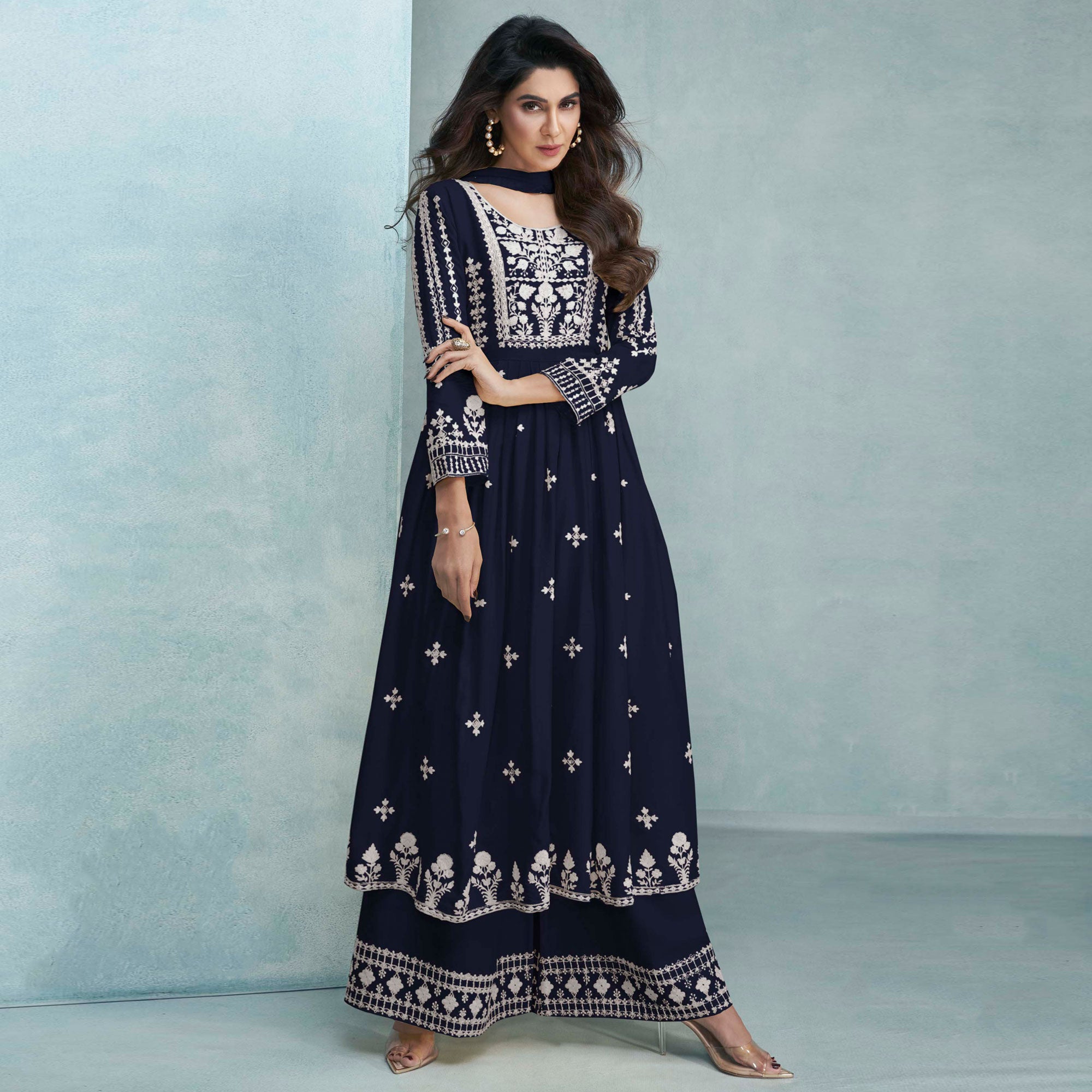 Navy Blue Lucknowi Embroidered Rayon Palazzo Suit