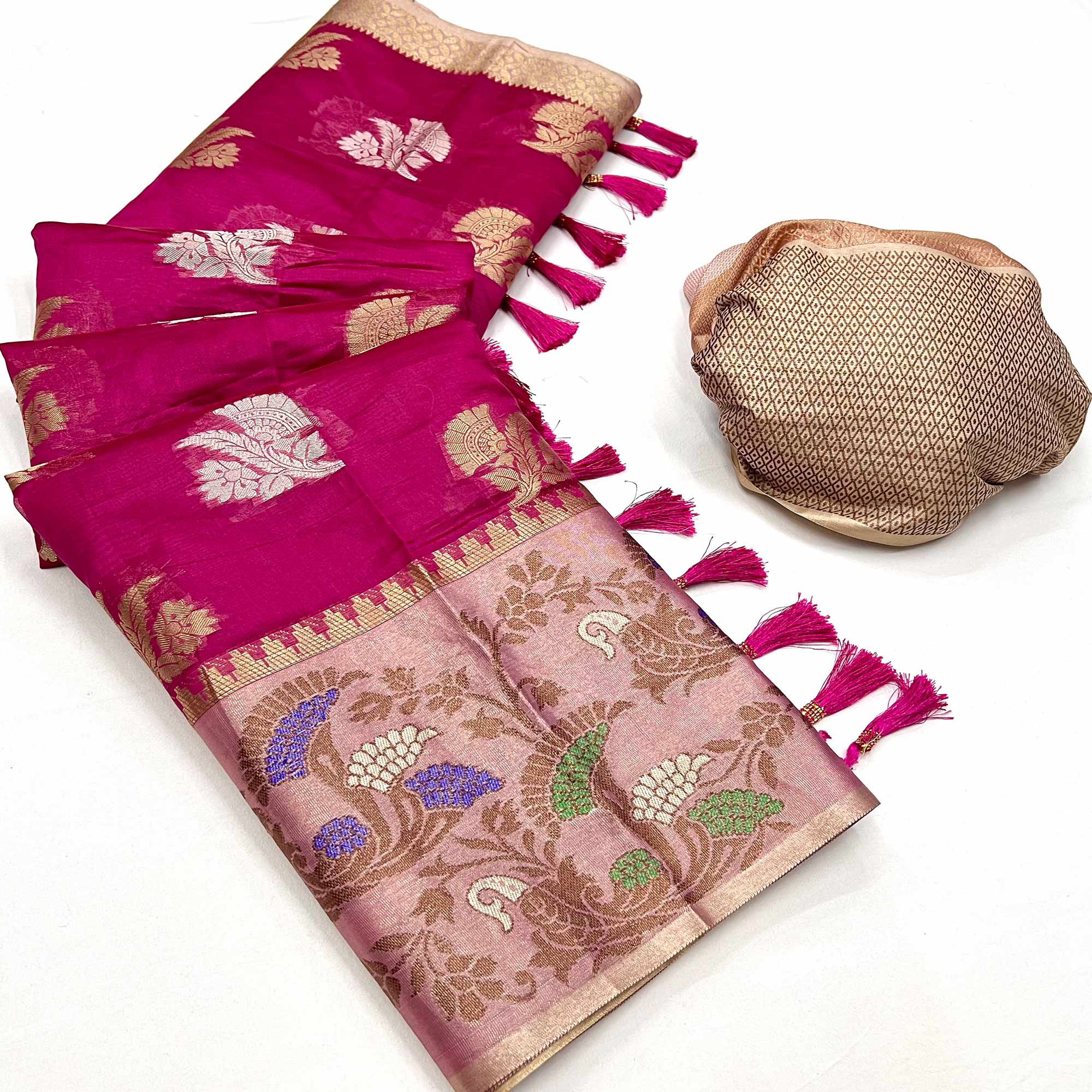 Rani Pink Floral Woven Organza Saree With Tassels