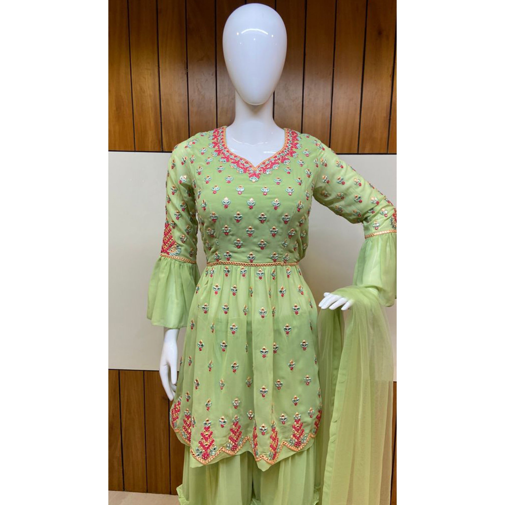 Pista Green Floral Embroidered Georgette Sharara Suit