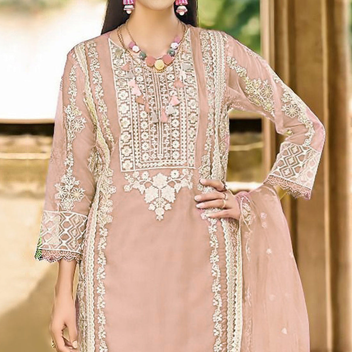 Peach Floral Embroidered Organza Pakistani Suit