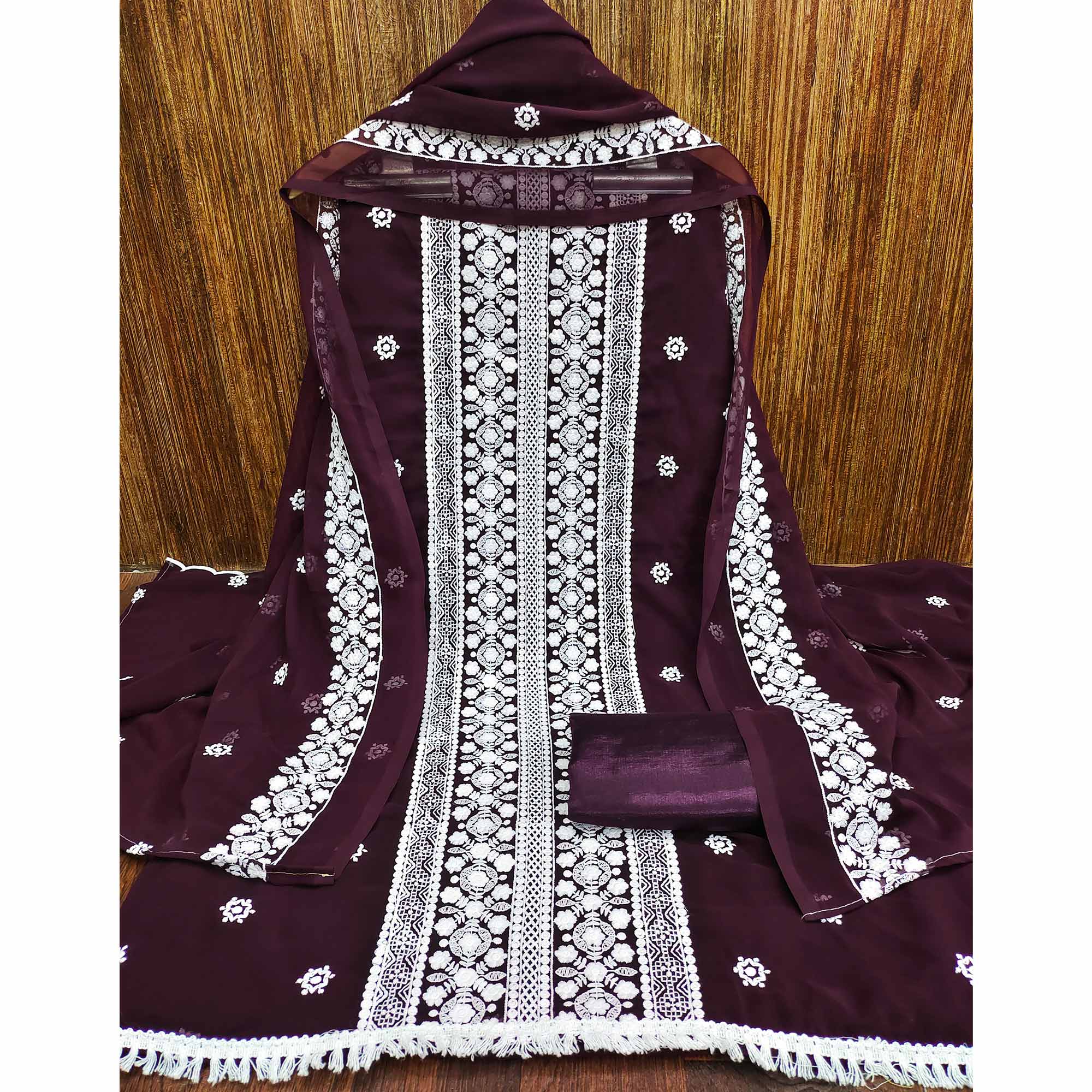 Wine Lucknowi Embroidered Georgette Dress Material