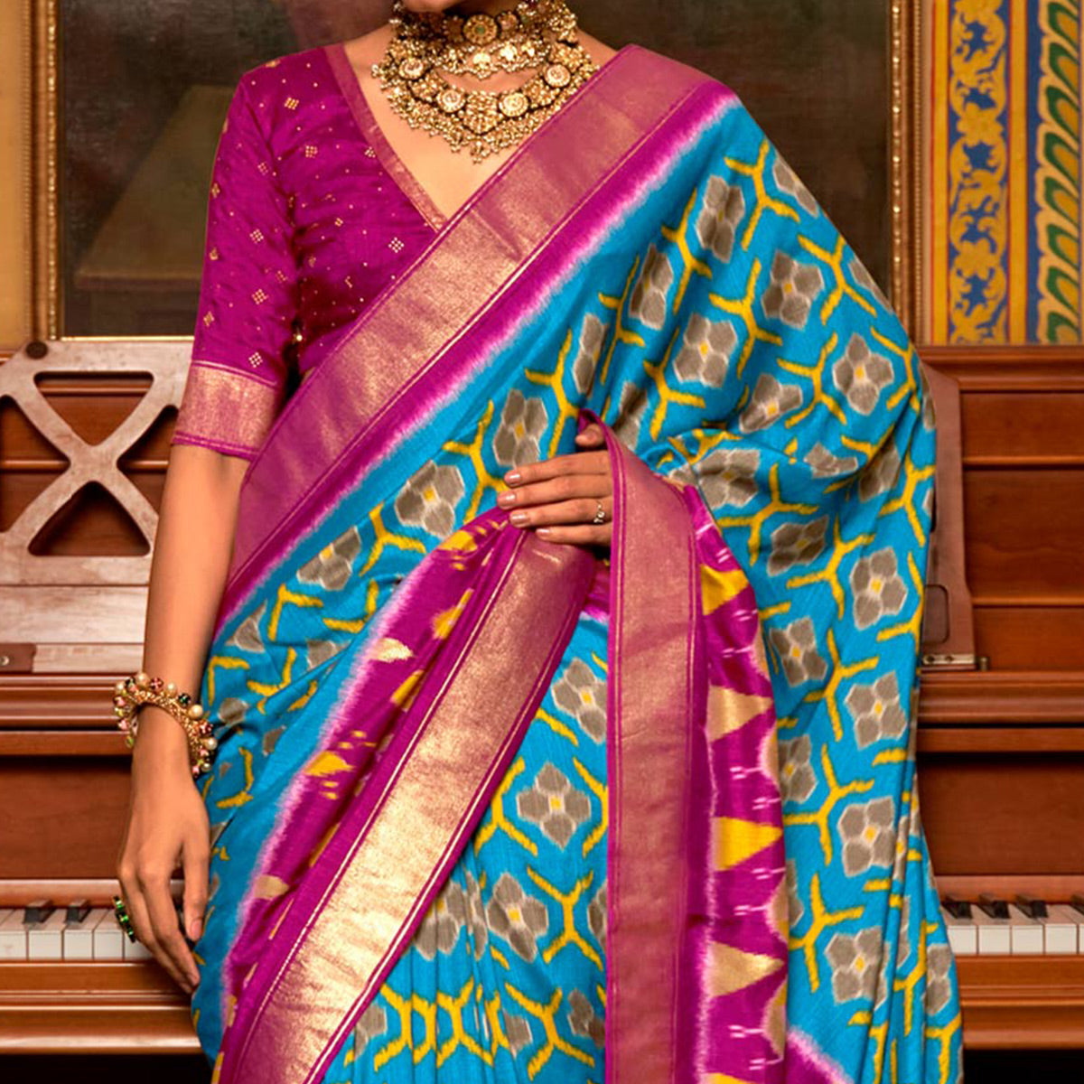 Blue & Rose Pink Printed Art Silk Saree