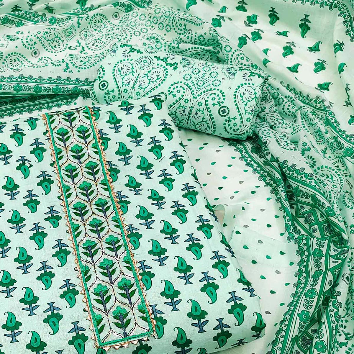 Green Printed Cotton Dress Material