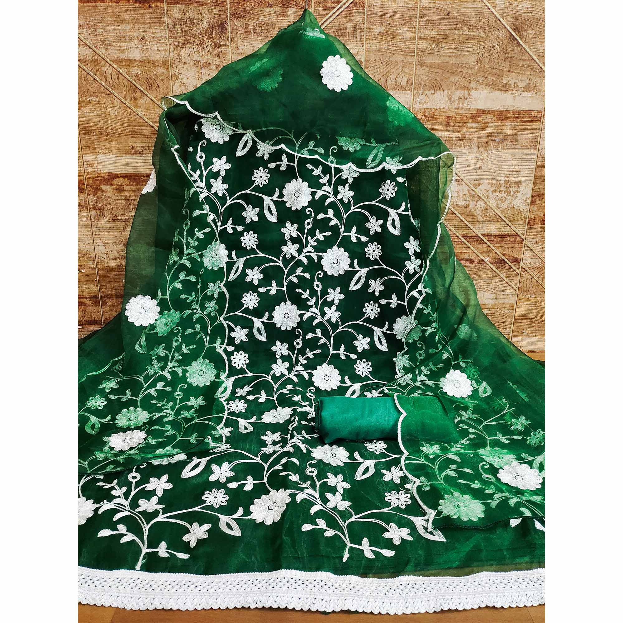 Green Floral Embroidered Organza Dress Material