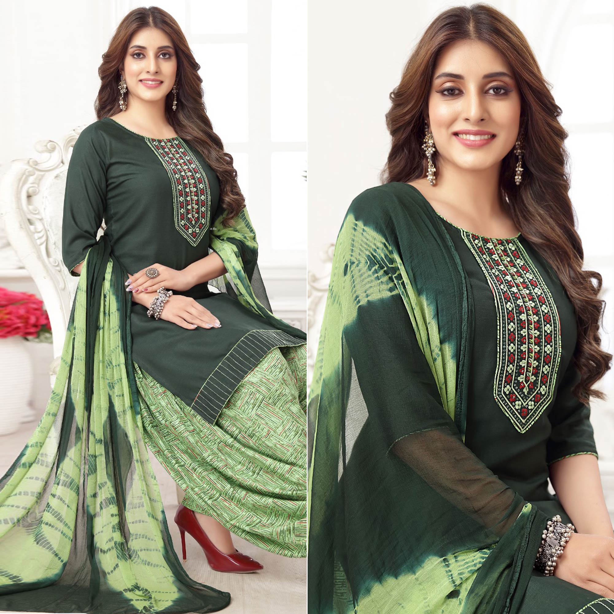 Green Embroidered Rayon Patiala Suit