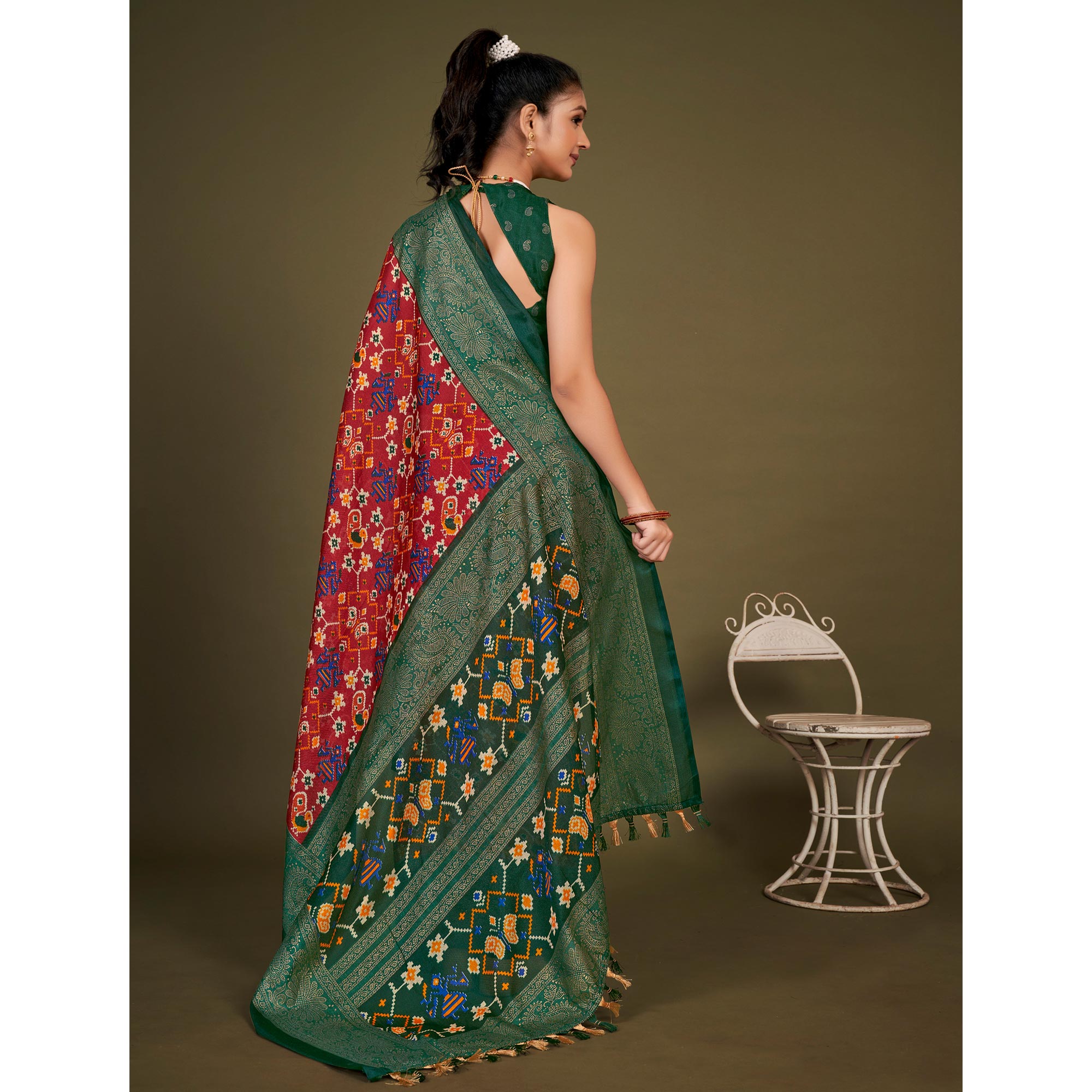 Red Printed Jute Patola Saree With Tassels