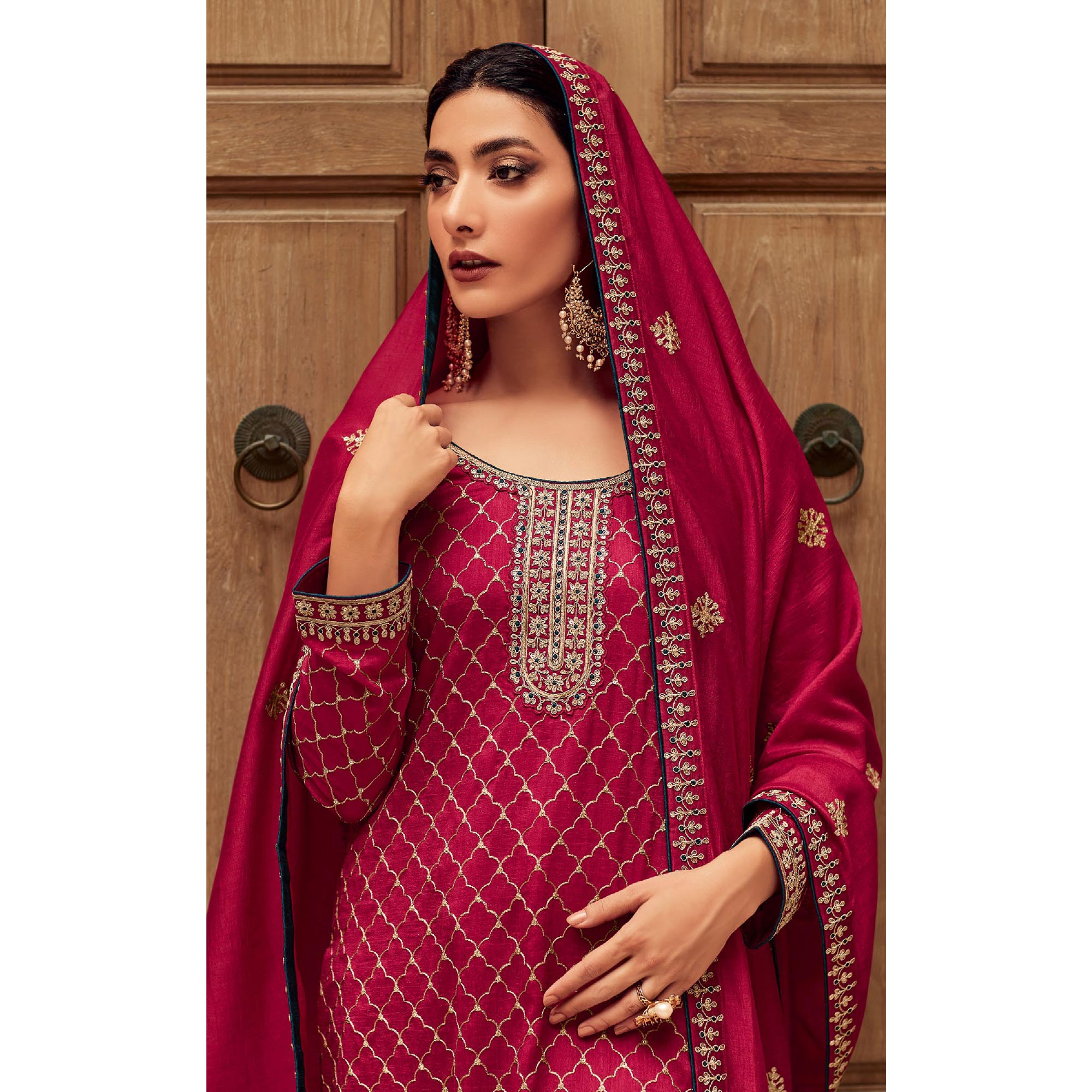 Pink Floral Embroidered Art Silk Palazzo Suit