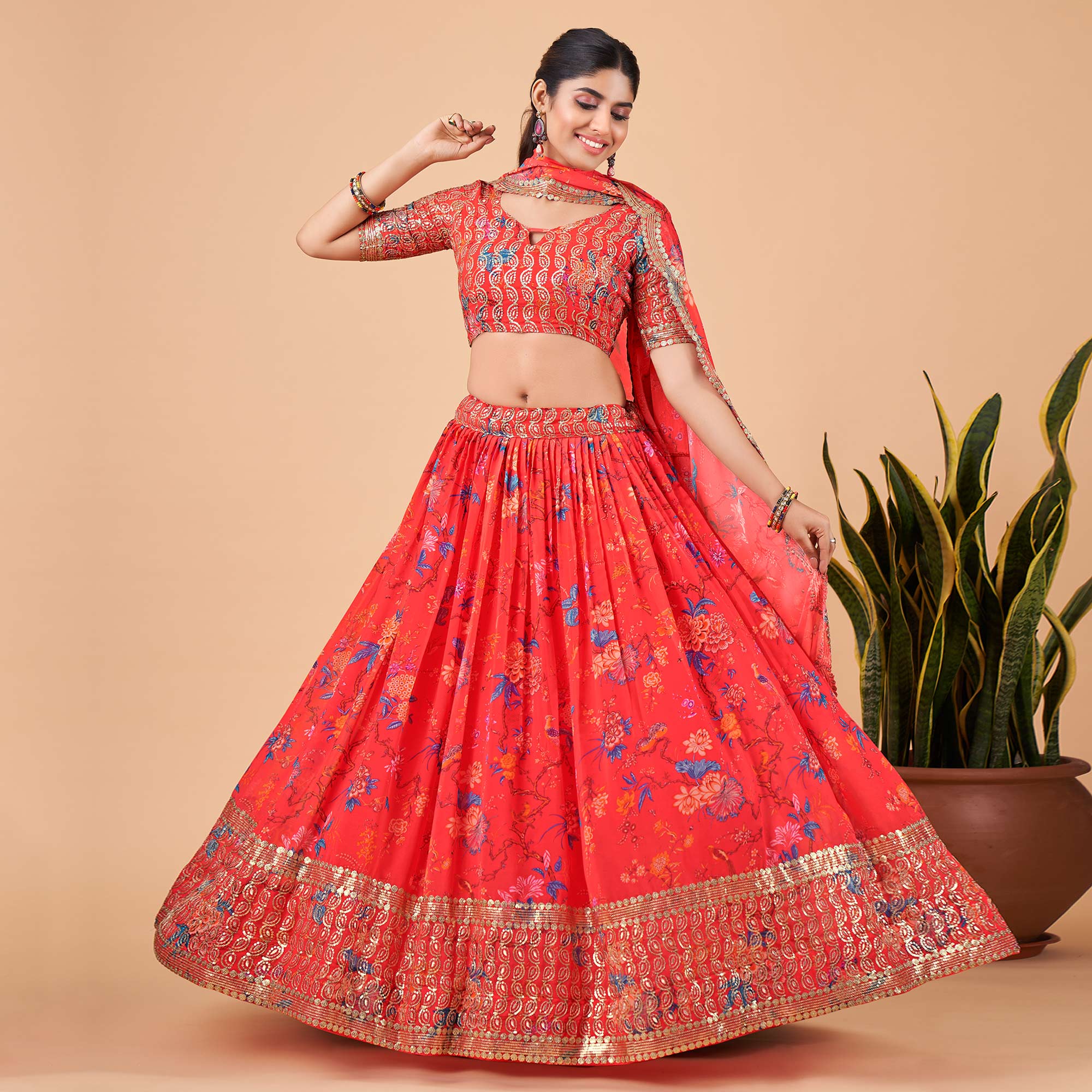 Coral Red Floral Printed And Sequins Work Georgette Lehenga Choli