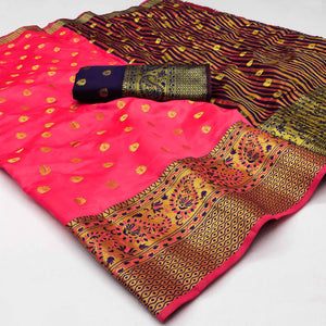 Pink Woven Jacquard Saree With Tassels