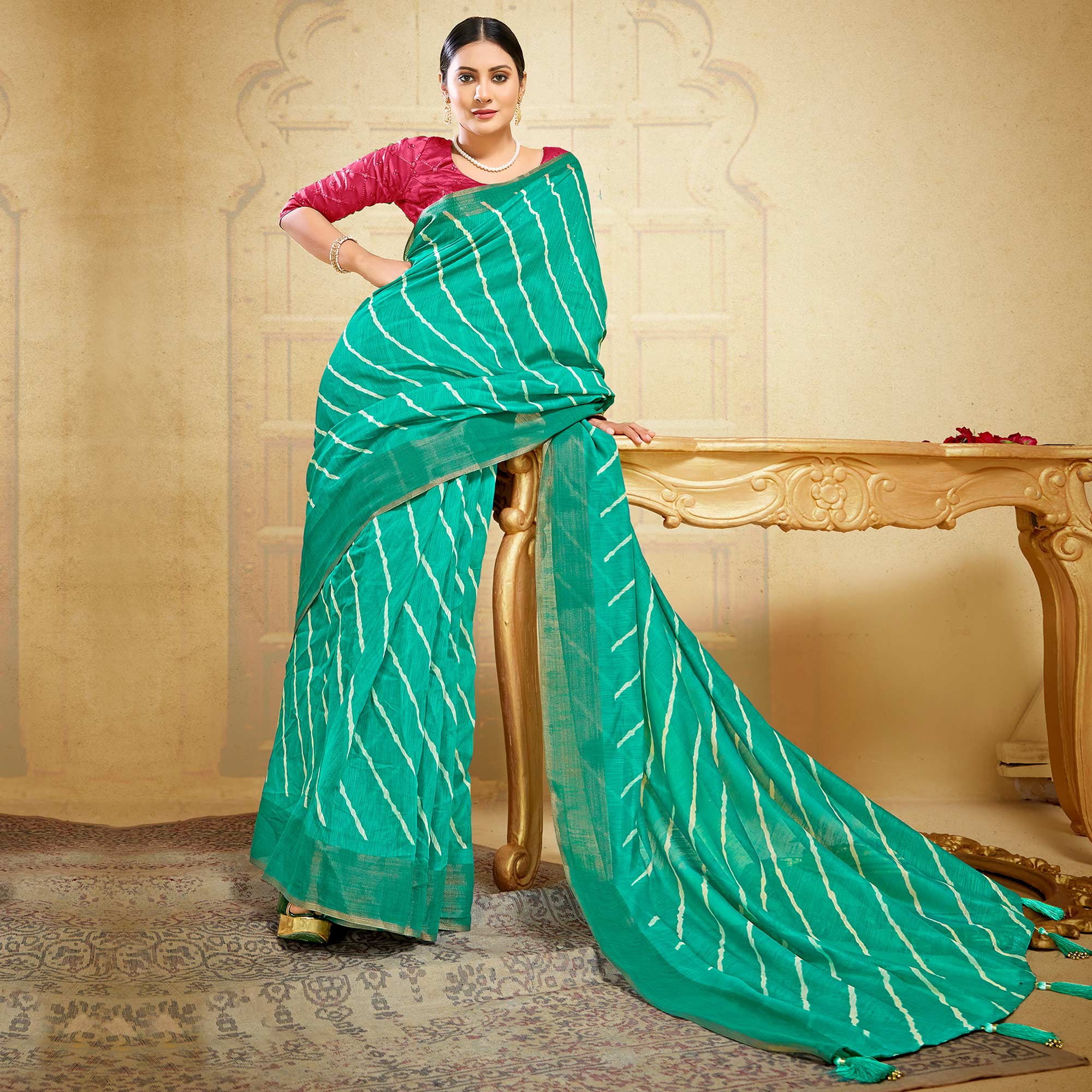 Green Leheriya Printed Linen Saree