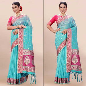 Blue Woven Organza Saree With Tassels