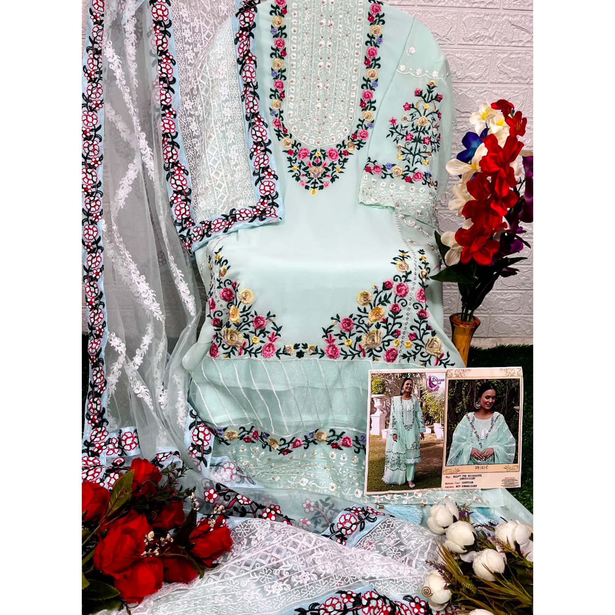 Blue Floral Embroidered Georgette Palazzo Suit