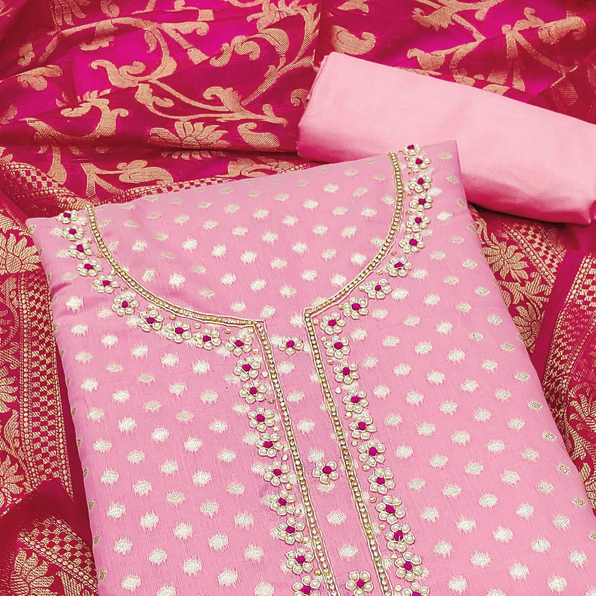 Pink Woven Banarasi Silk Dress Material