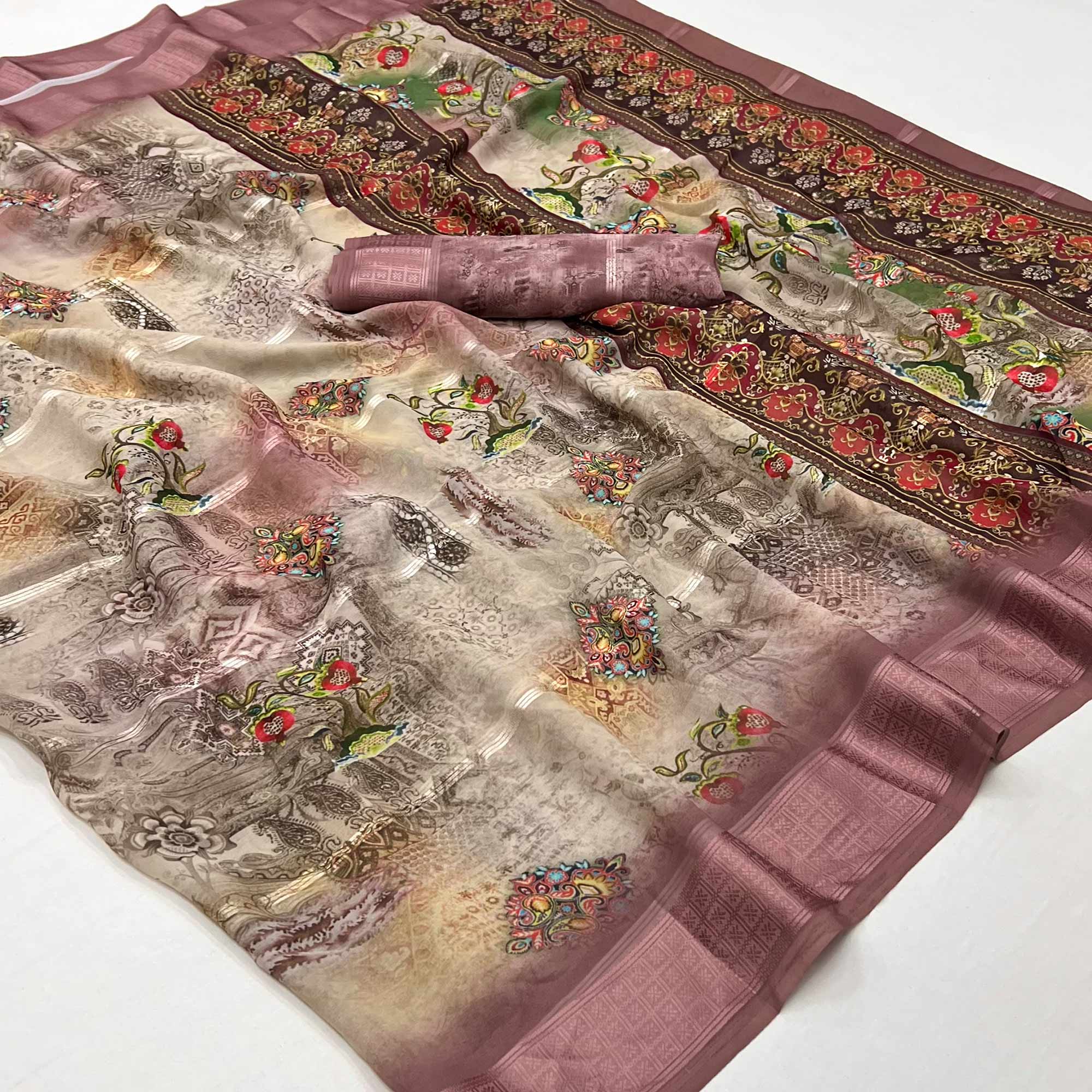 Brown Digital Printed Viscose Saree