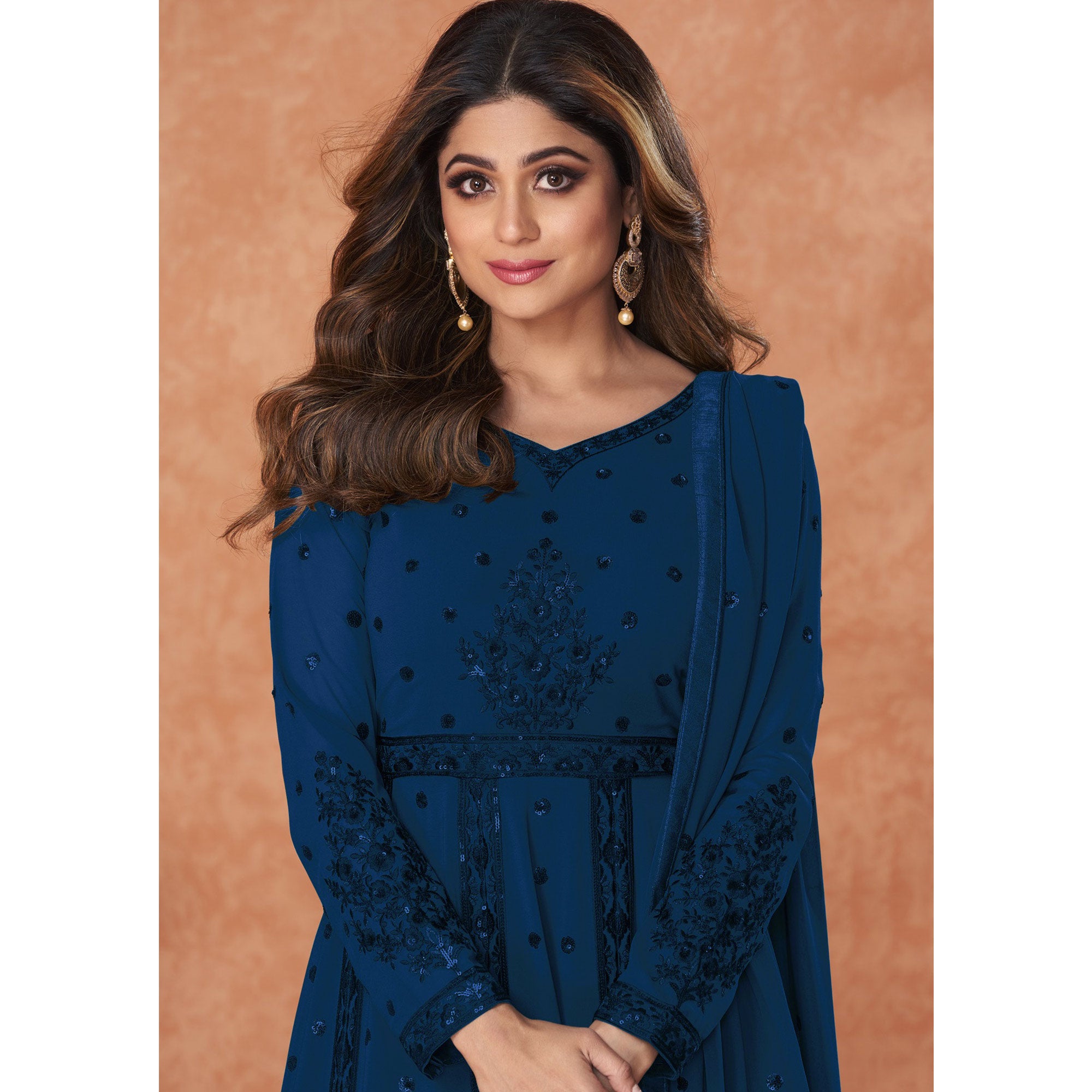 Sea Blue Embroidered Georgette Gown