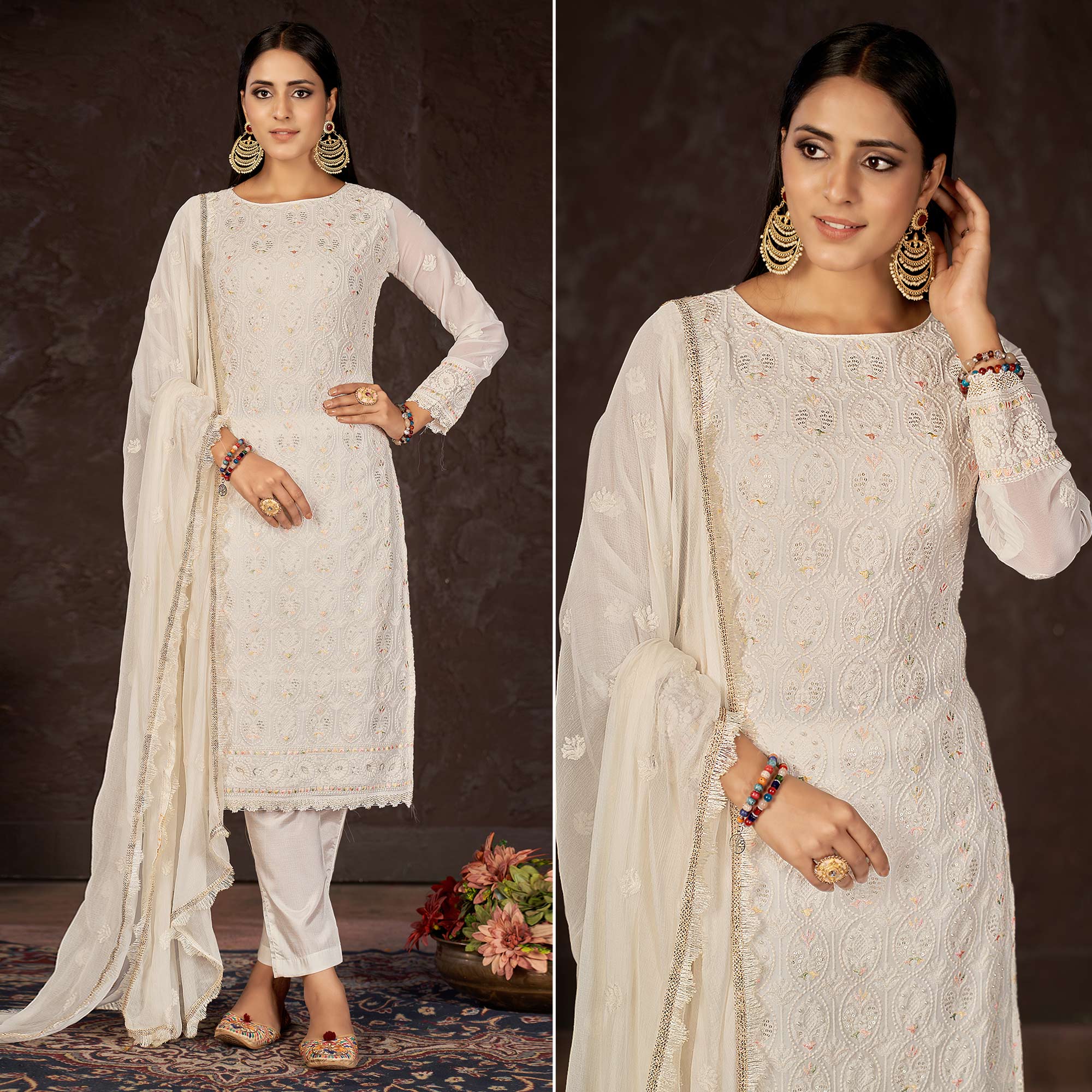 White Lucknowi Embroidered Georgette Suit