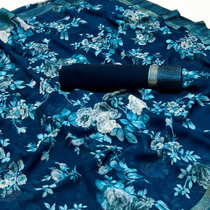 Blue Floral Printed Georgette Saree