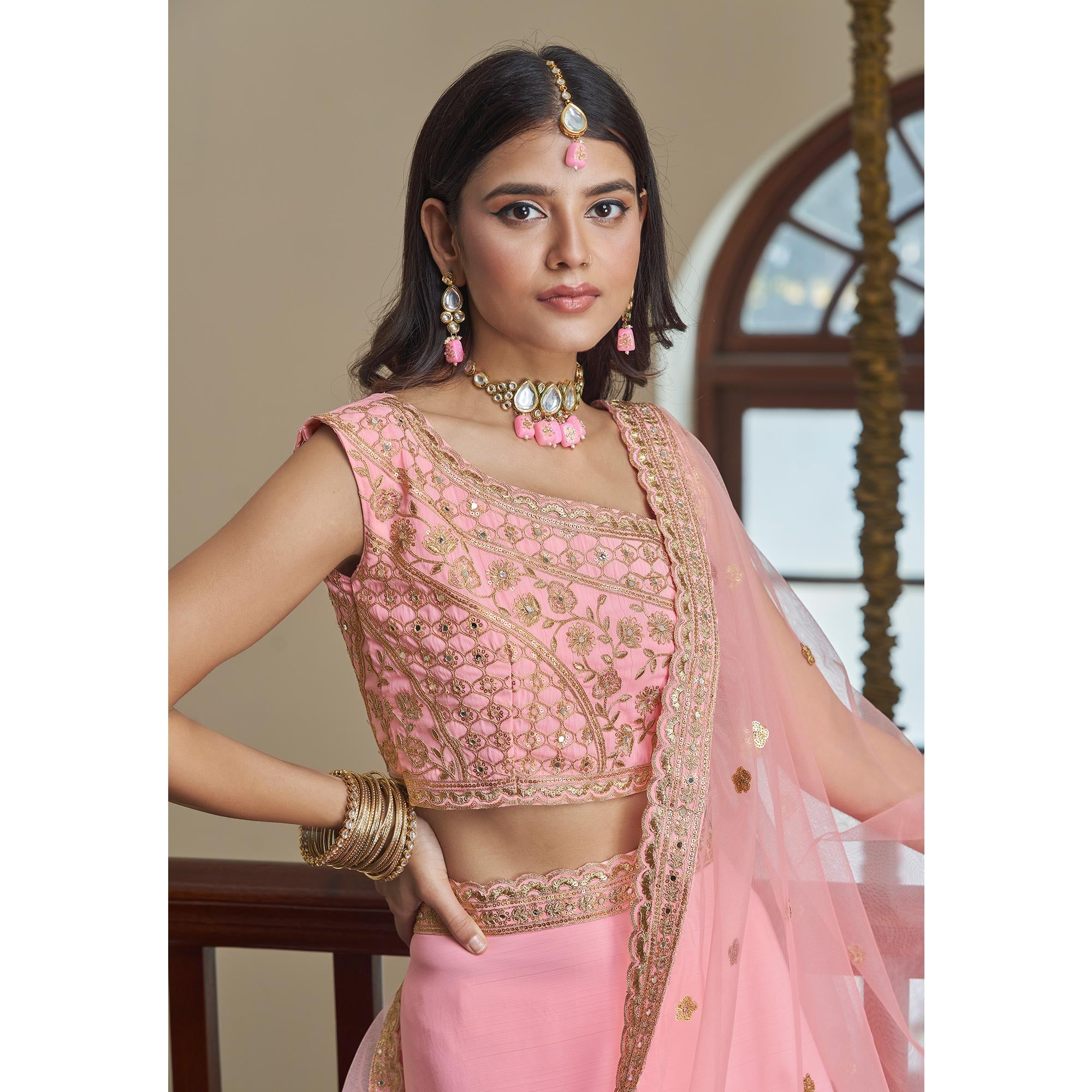 Pink Embroidered Art Silk Lehenga Choli
