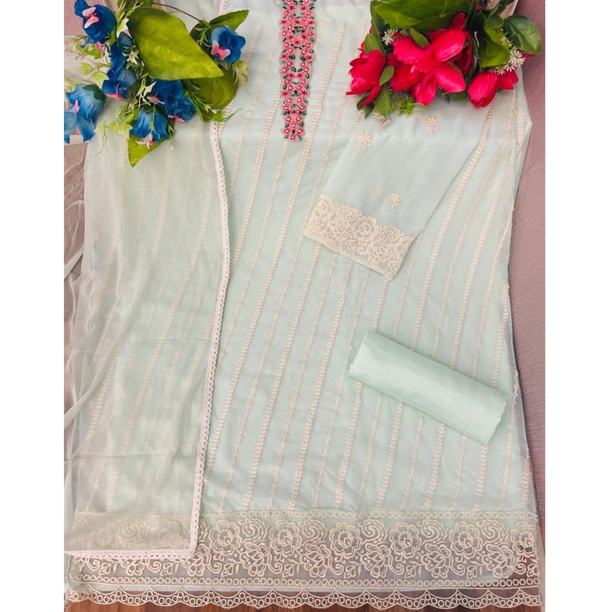 Green Floral Embroidered Georgette Semi Stitched Suit