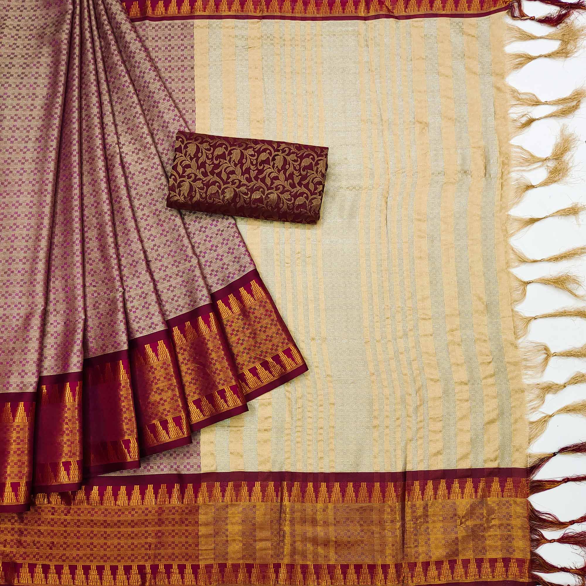 Chikoo Woven Cotton Silk Saree
