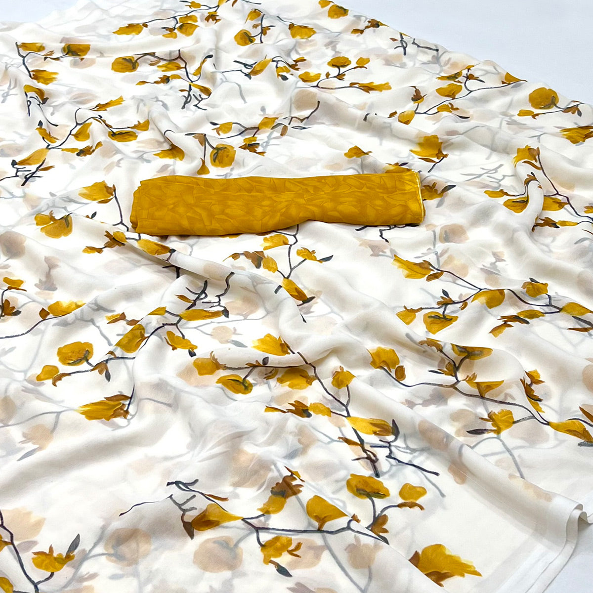 White Brown Floral Printed Georgette Saree