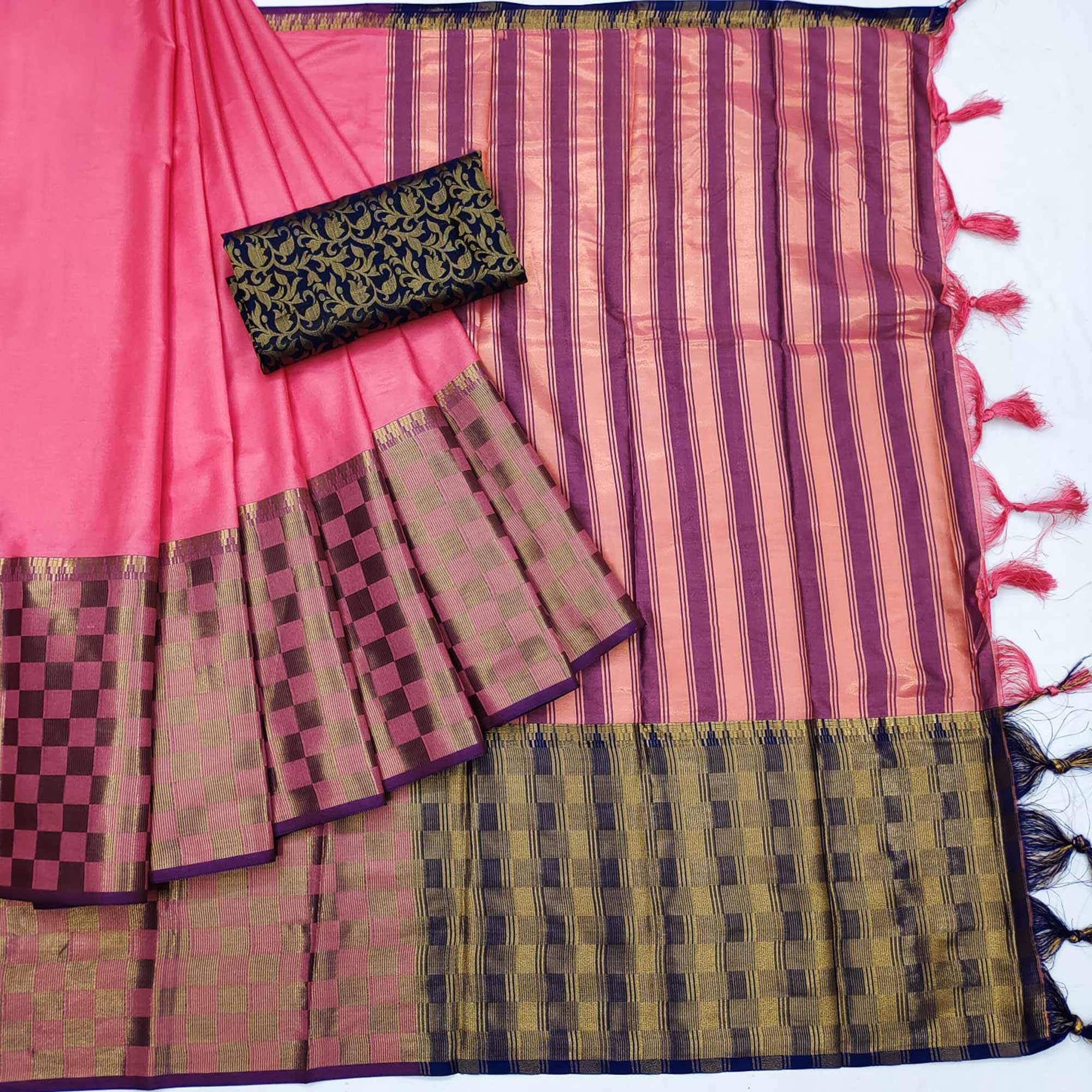 Pink Woven Cotton Silk Saree With Tassels