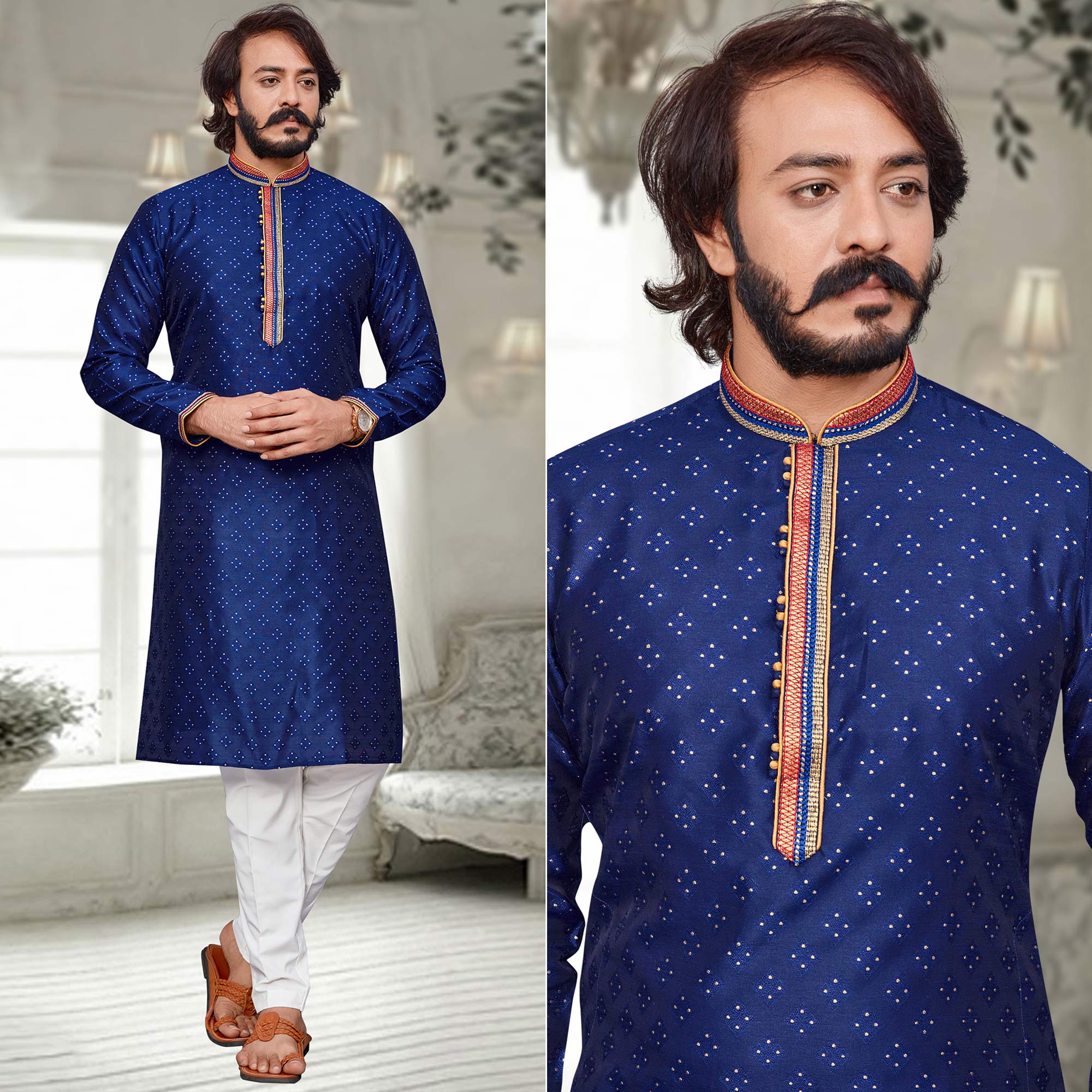 Blue Woven Jacquard Kurta Pyjama Set