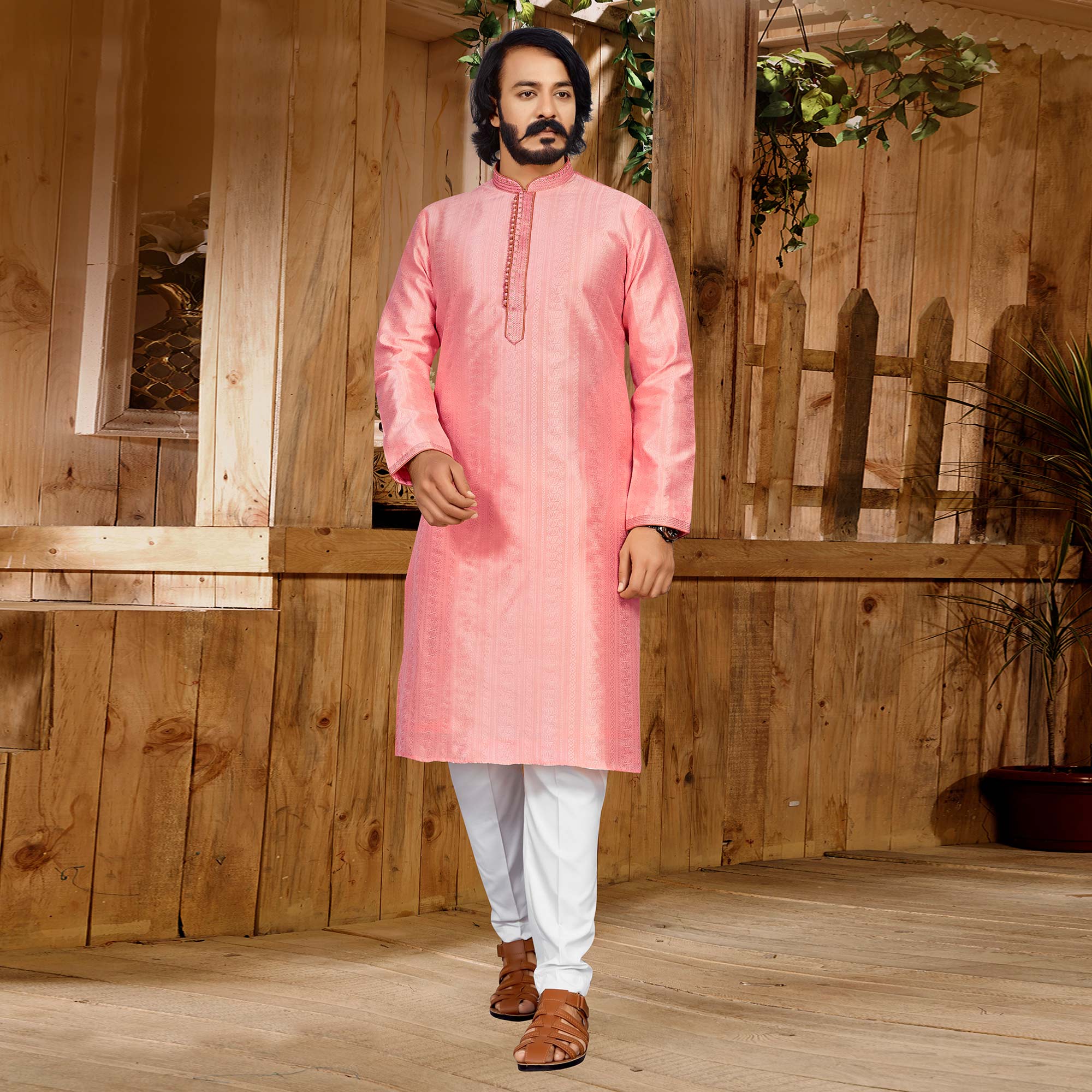 Pink Woven Jacquard Kurta Pyjama Set