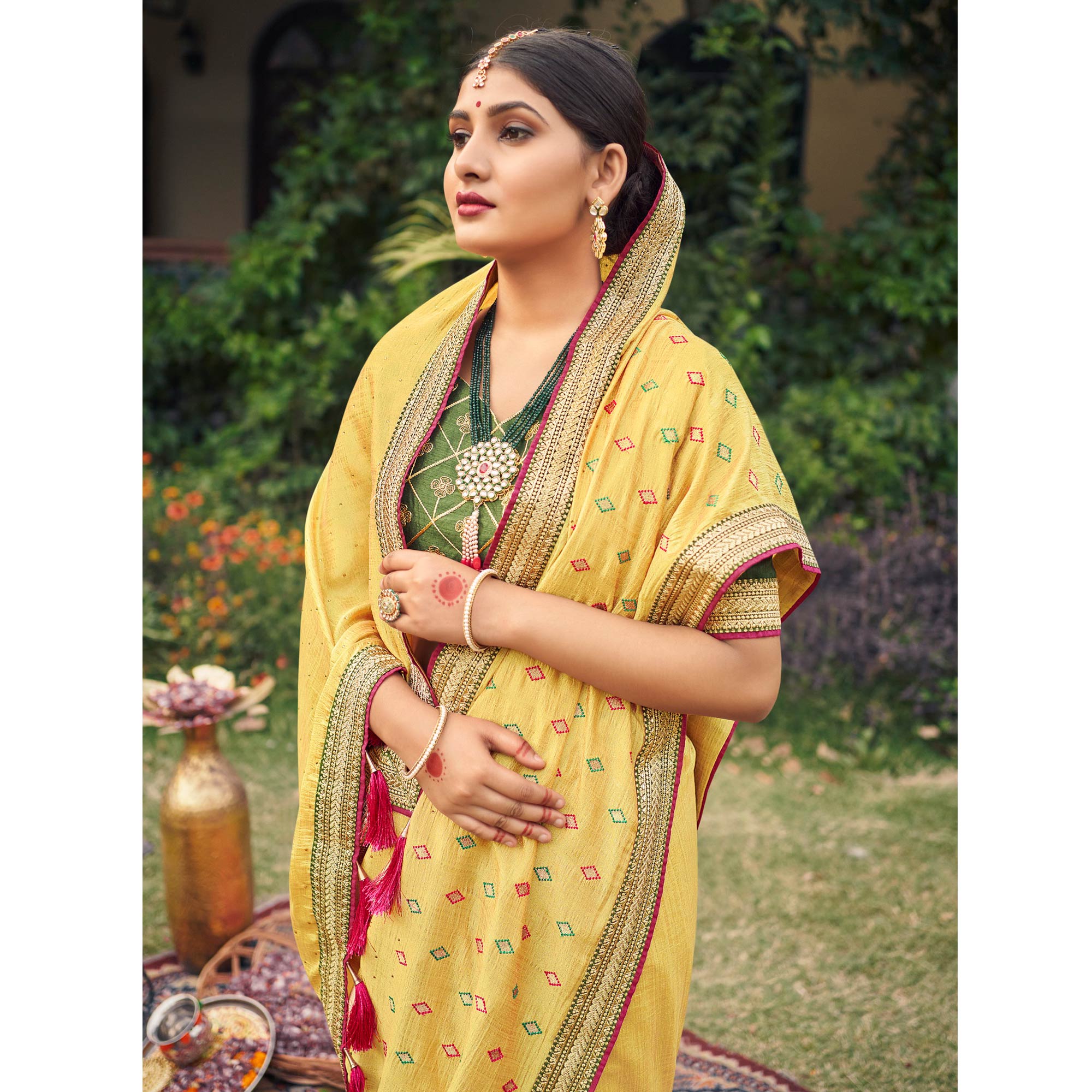 Yellow Embroidered With Stone Work Vichitra Silk Saree