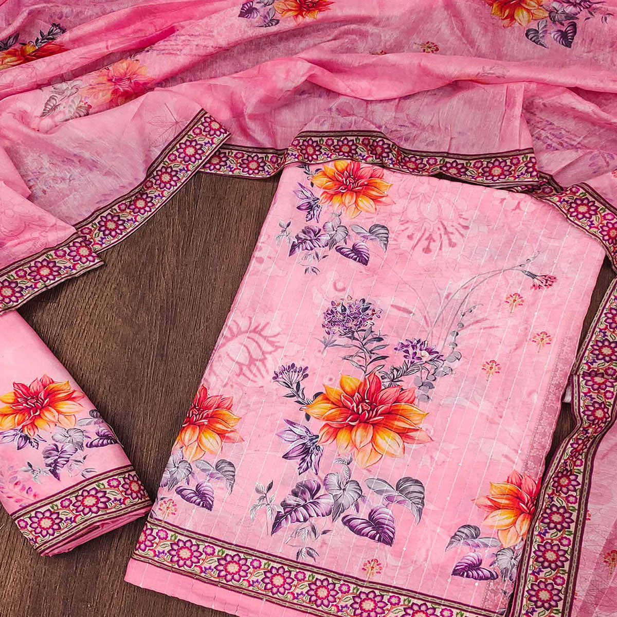 Pink Floral Digital Printed Muslin Dress Material