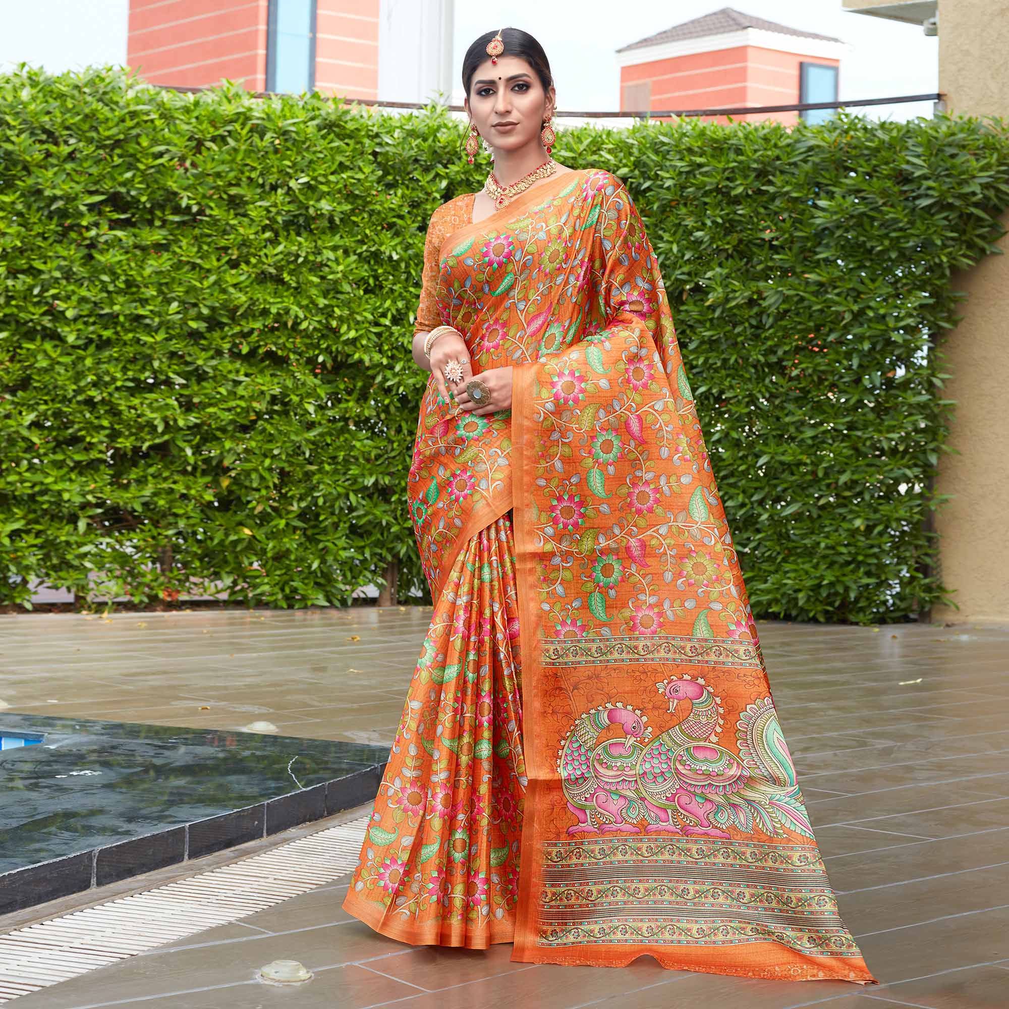 Orange Floral Digital Printed Cotton Silk Saree