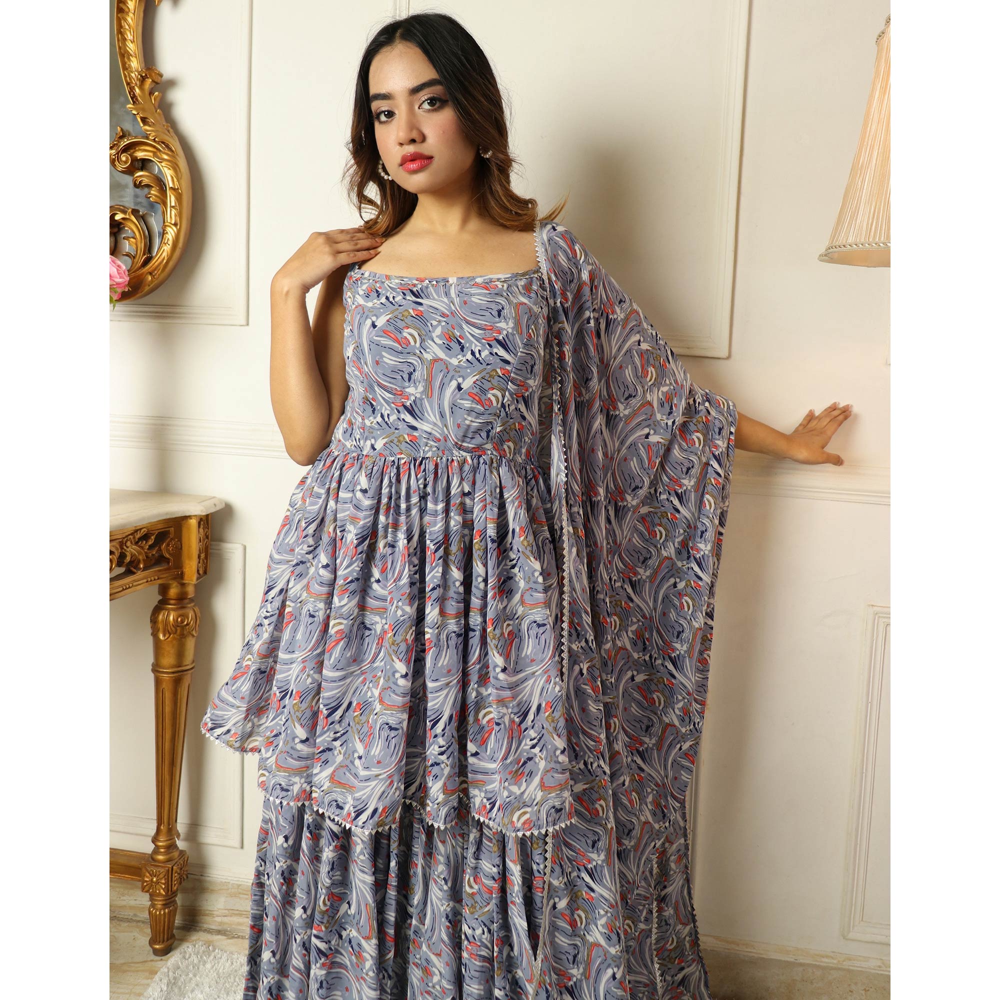 Grey Printed With Gota Work Georgette Sharara Suit