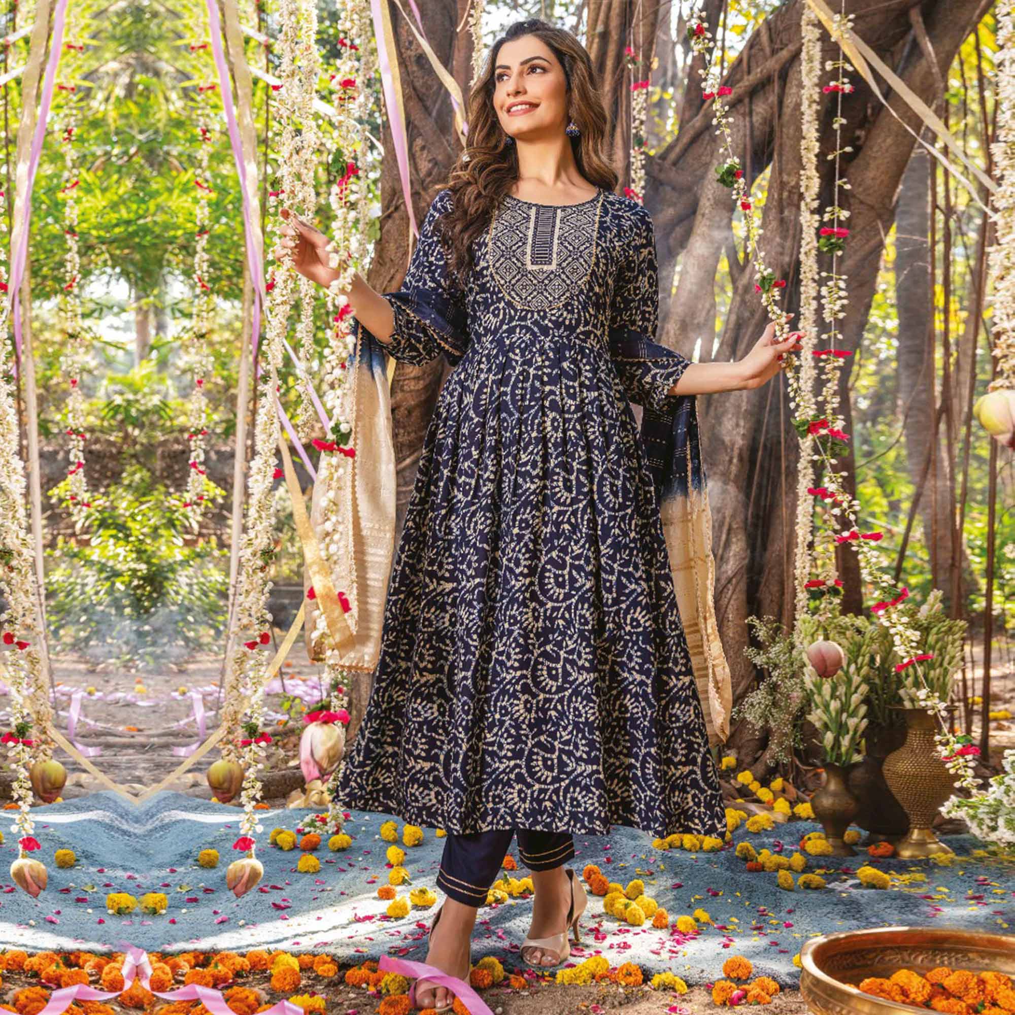 Navy Blue Printed Rayon Naira Cut Suit