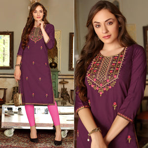 Purple Floral Embroidered Muslin Kurti