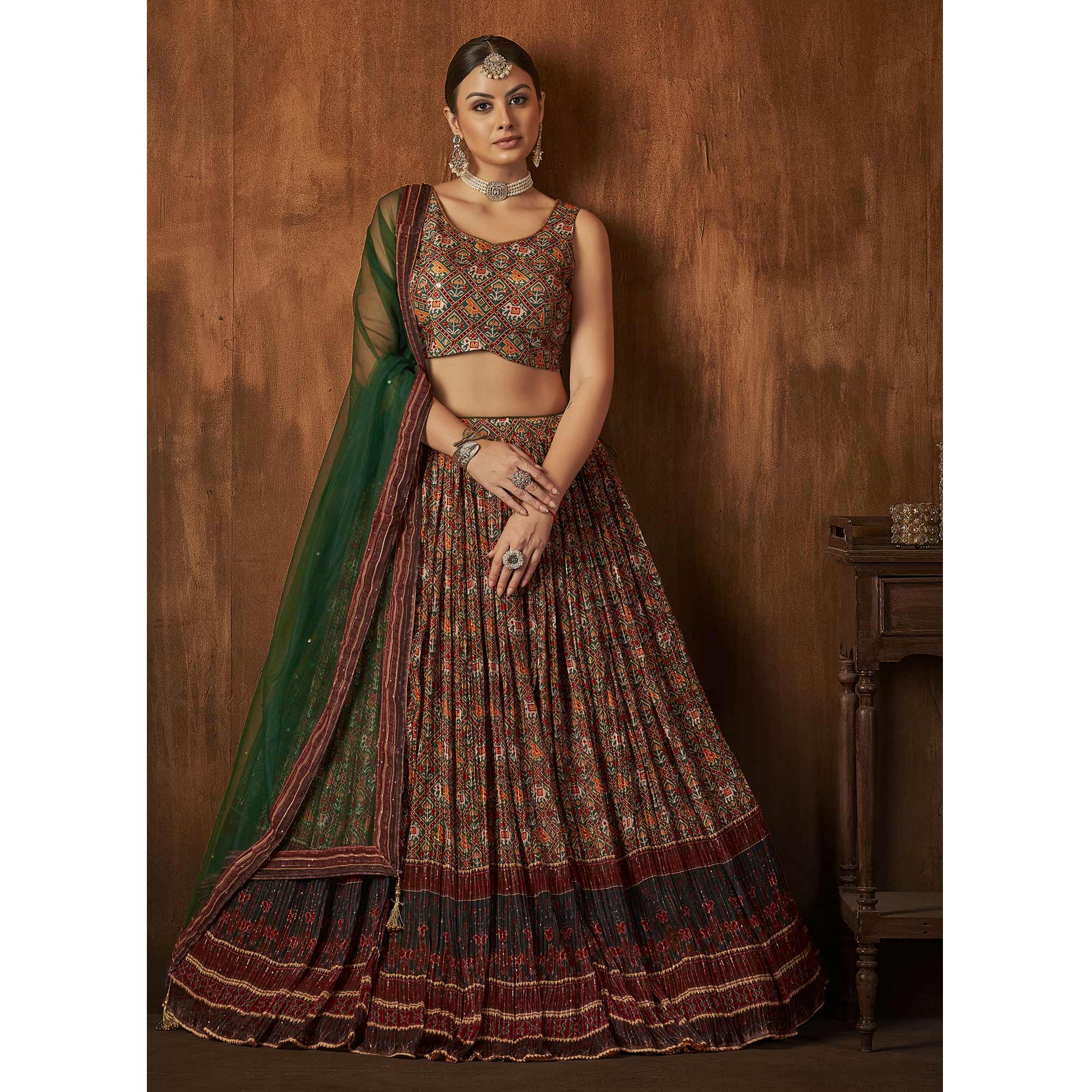 Green Printed With Sequins Work Georgette Lehenga Choli