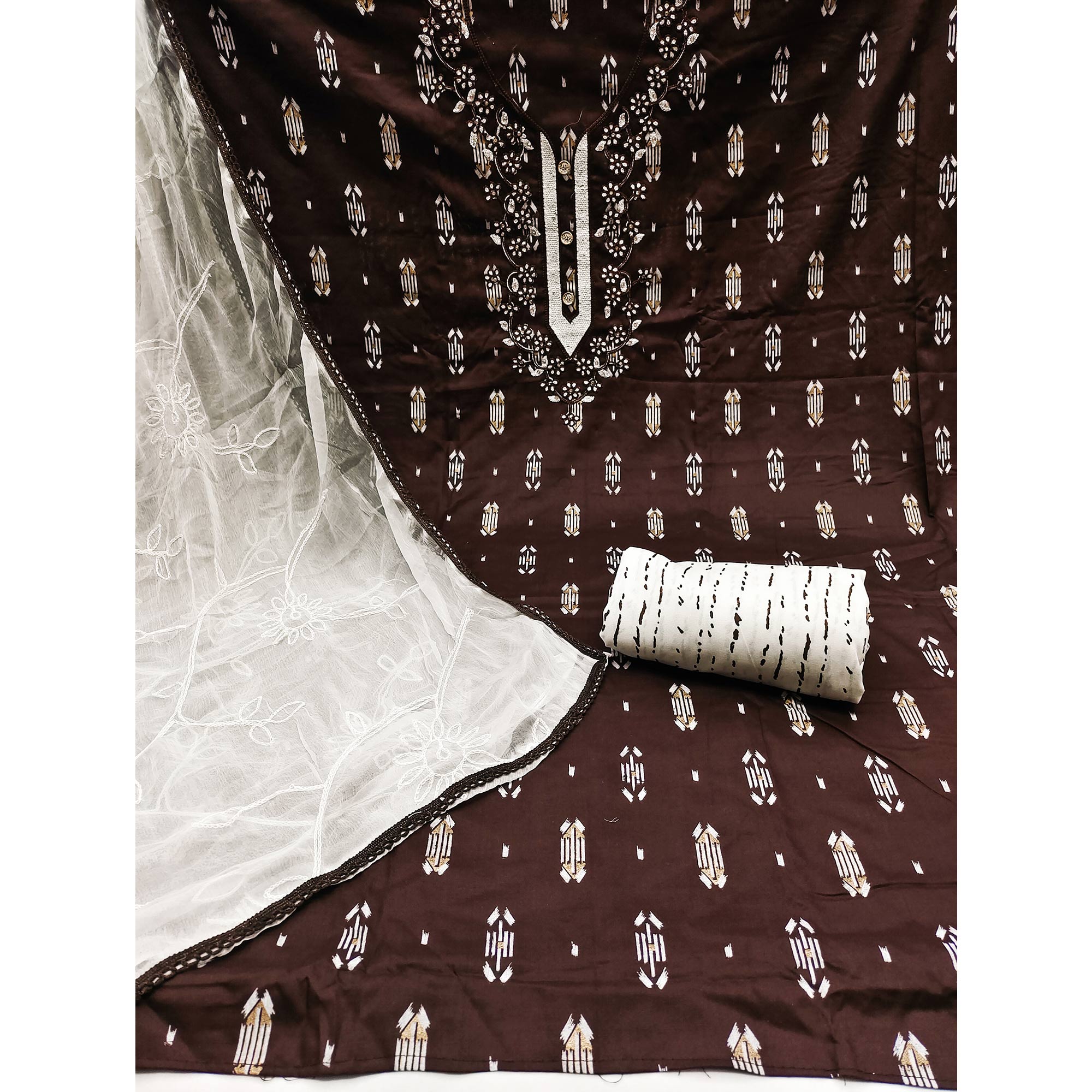 Brown Printed With Embroidered Rayon Dress Material