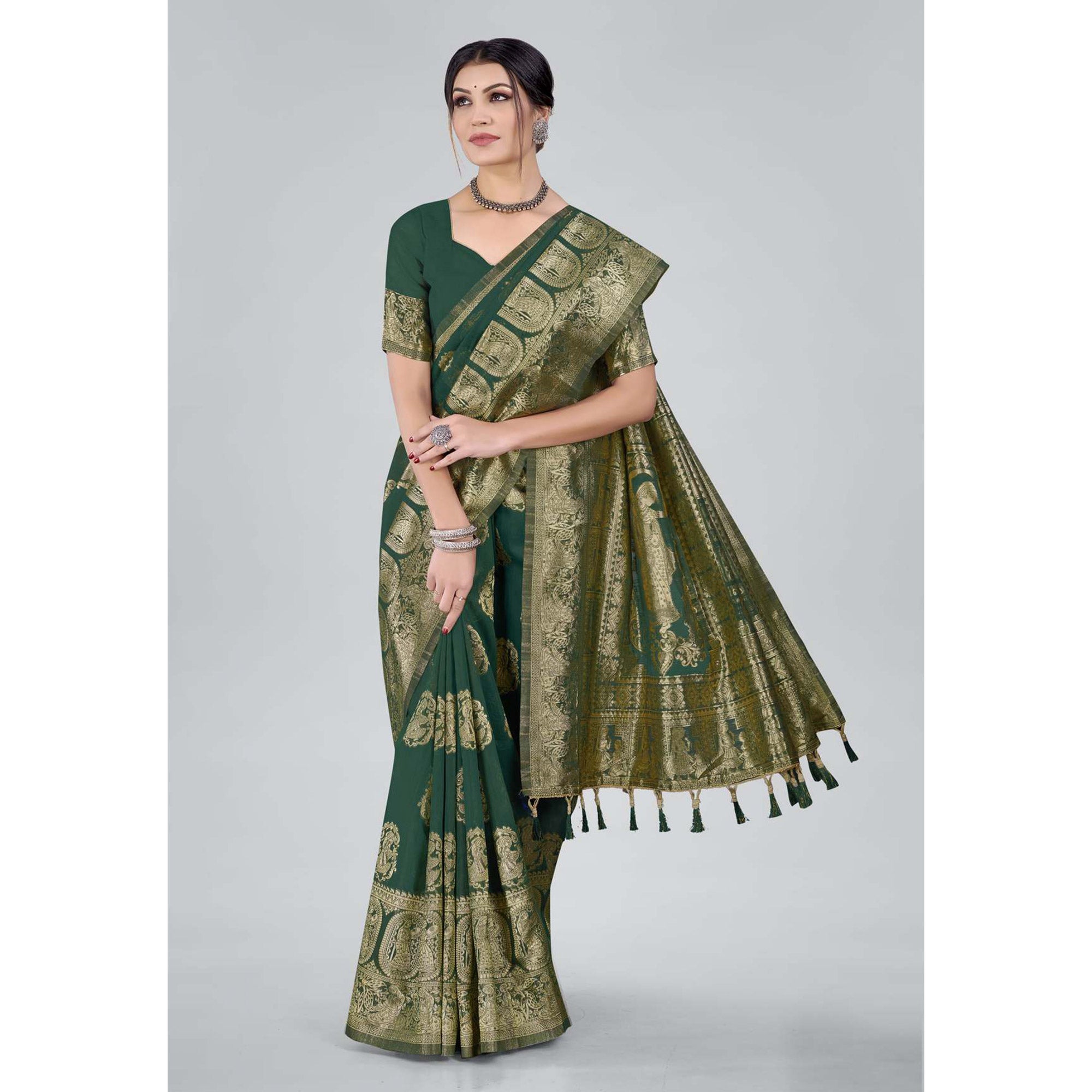 Green Woven Organza Saree With Tassels