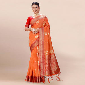 Orange Woven Organza Saree With Tassels