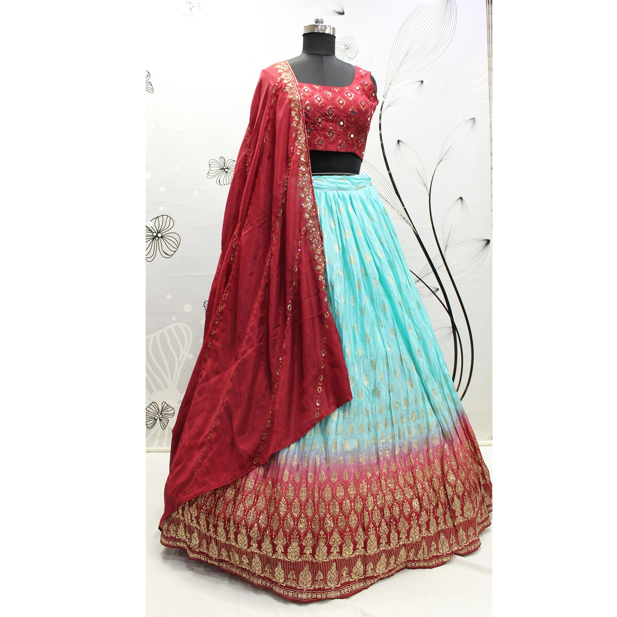 Sky Blue Foil Printed Chiffon Lehenga Choli
